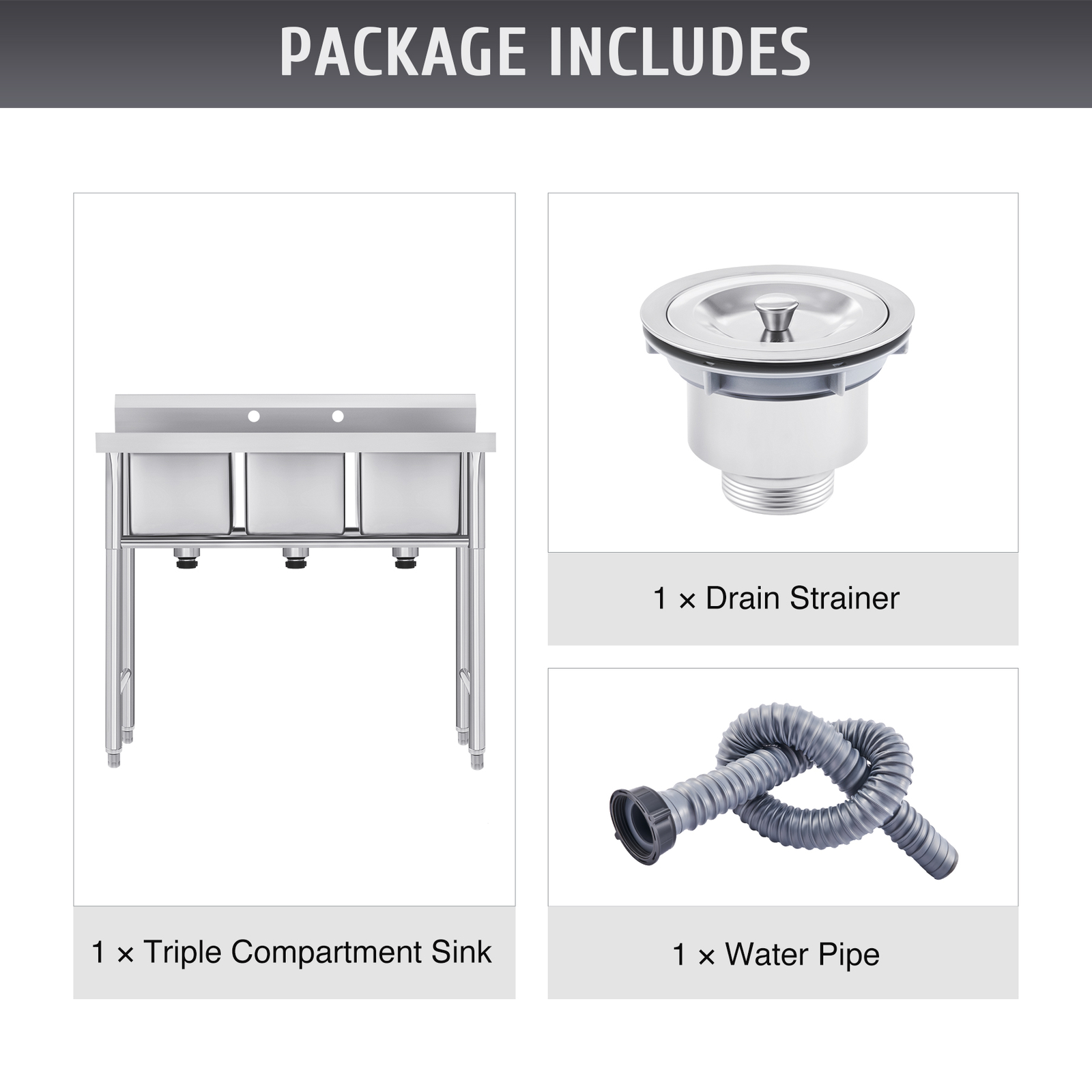 40″ Commercial Kitchen Sink Stainless Steel Utility Sink 3 Compartment – Used