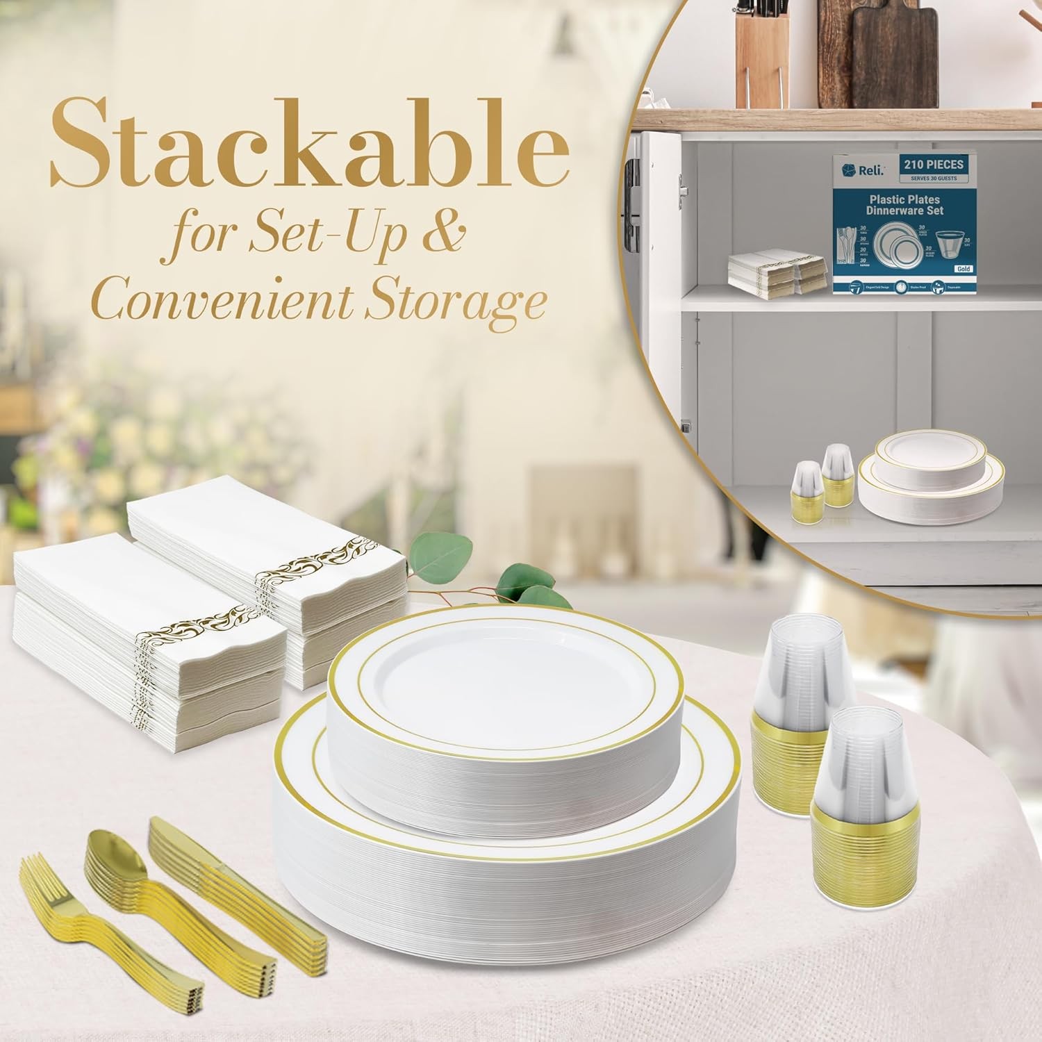 Plastic Plates for Party | 210 Pieces | White w/Gold Rim | Plates and Napkins