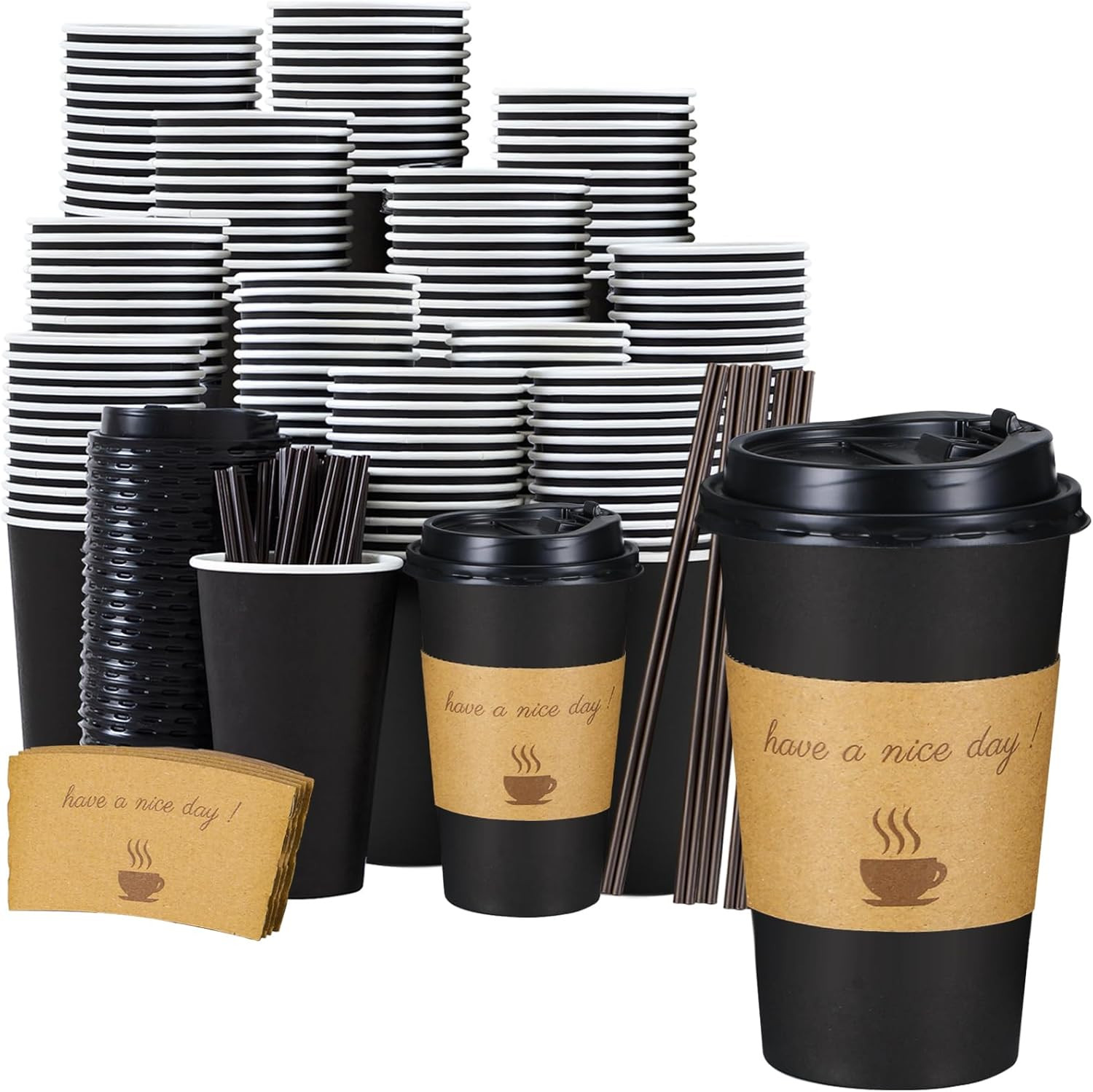 16 OZ Coffee Cups 50 Pack, 16 Ounce to Go Cups with Lids, Stir Sticks and Sle…
