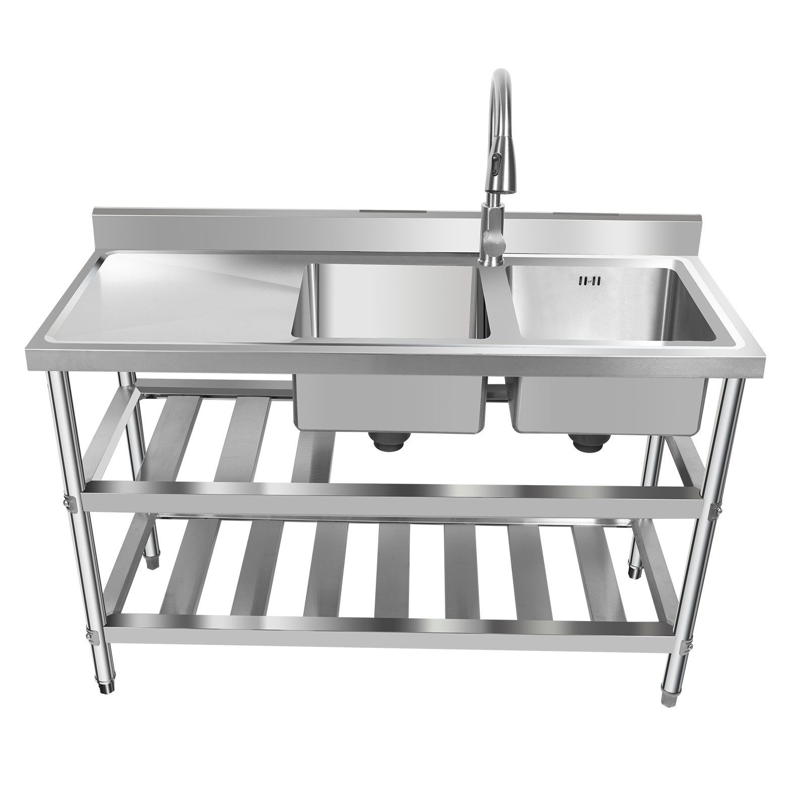 3 Tiers Kitchen Sink w/Pullable Hot&Cold Water Faucet Double Sinks Silver sink