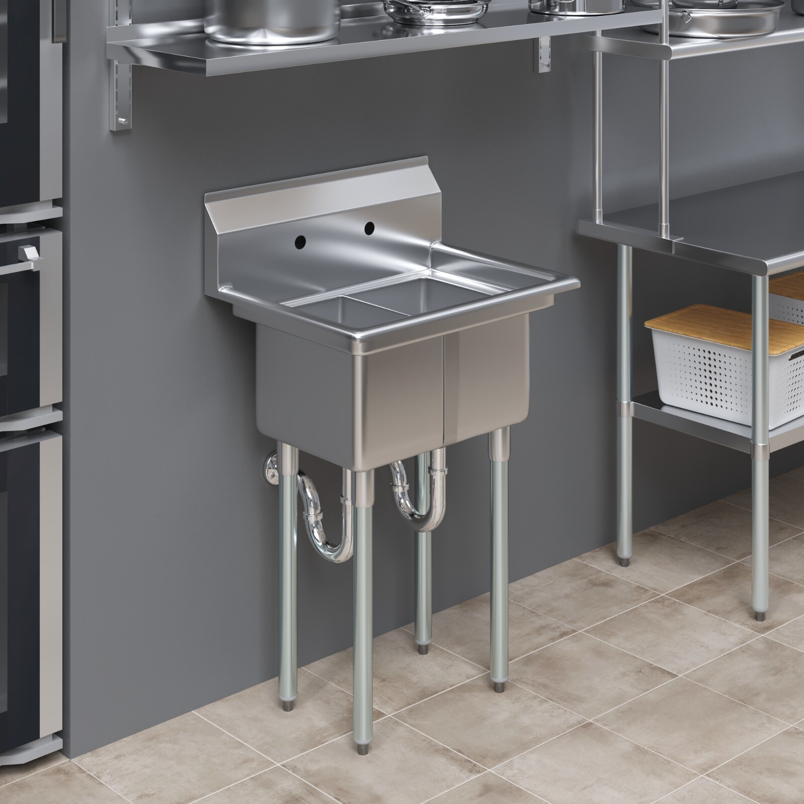 20 in. x 26 in. Stainless Steel Two Compartment Sink. 10 in x 14 in x 10in Bowls