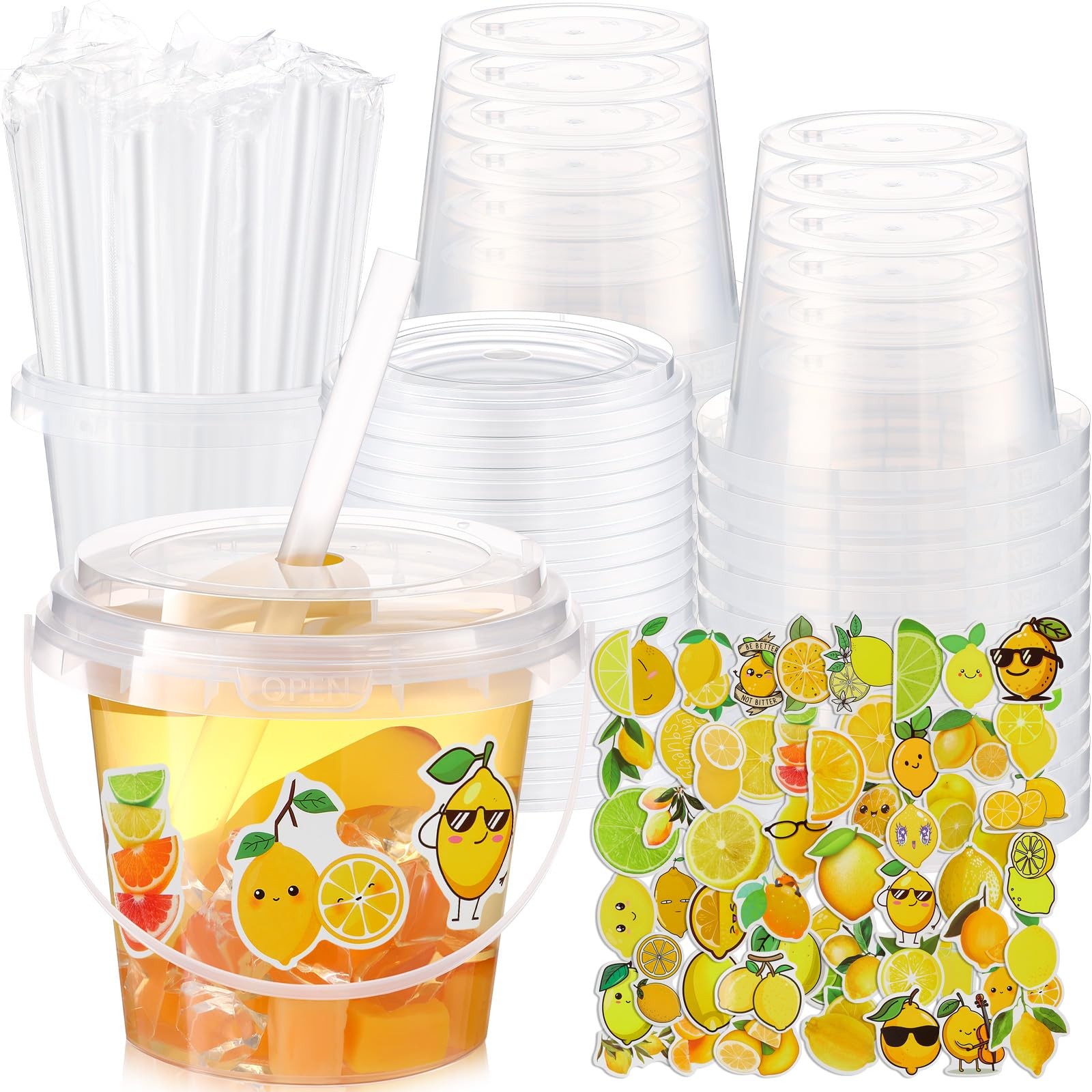 Funnymoom 50 Set Lemonade Buckets with Lids and Straws 24oz 24 oz, Yellow