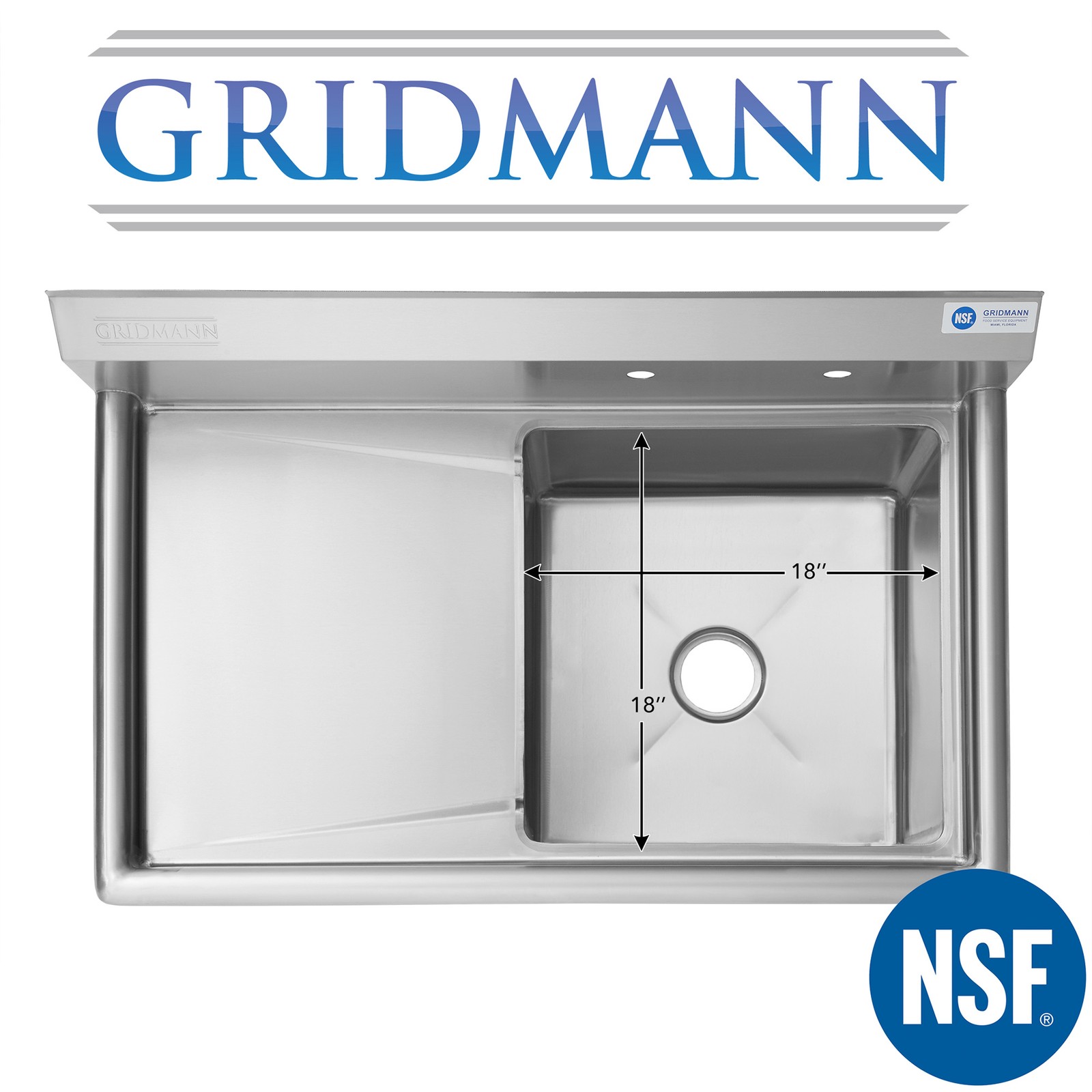 NSF Stainless Steel 18″ Single Bowl Commercial Kitchen Sink w/ Left Drainboard