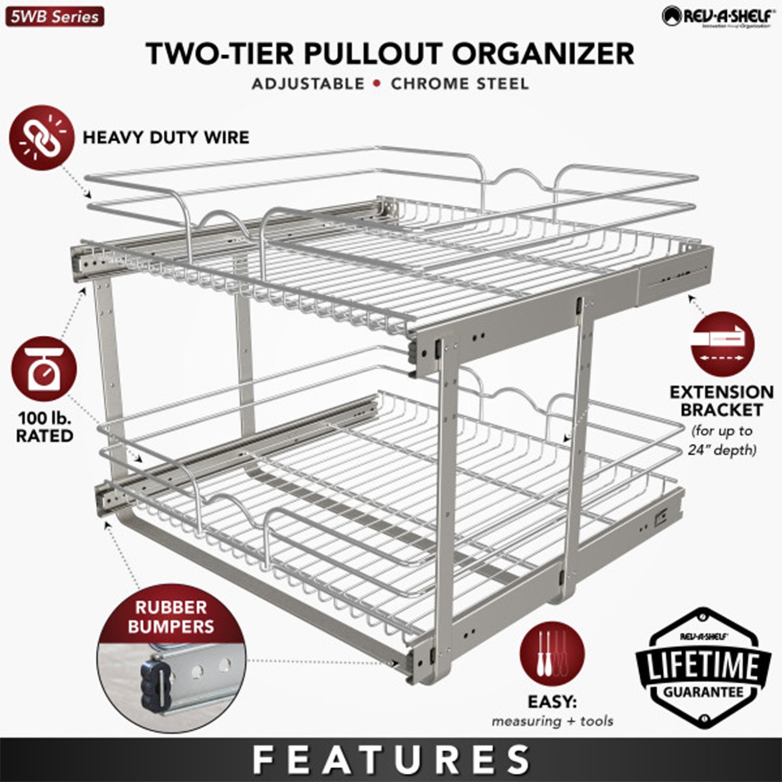 Rev-A-Shelf Kitchen Cabinet Pull Out Shelf Organizer, 24 x 22 In, 5WB2-2422-CR-1