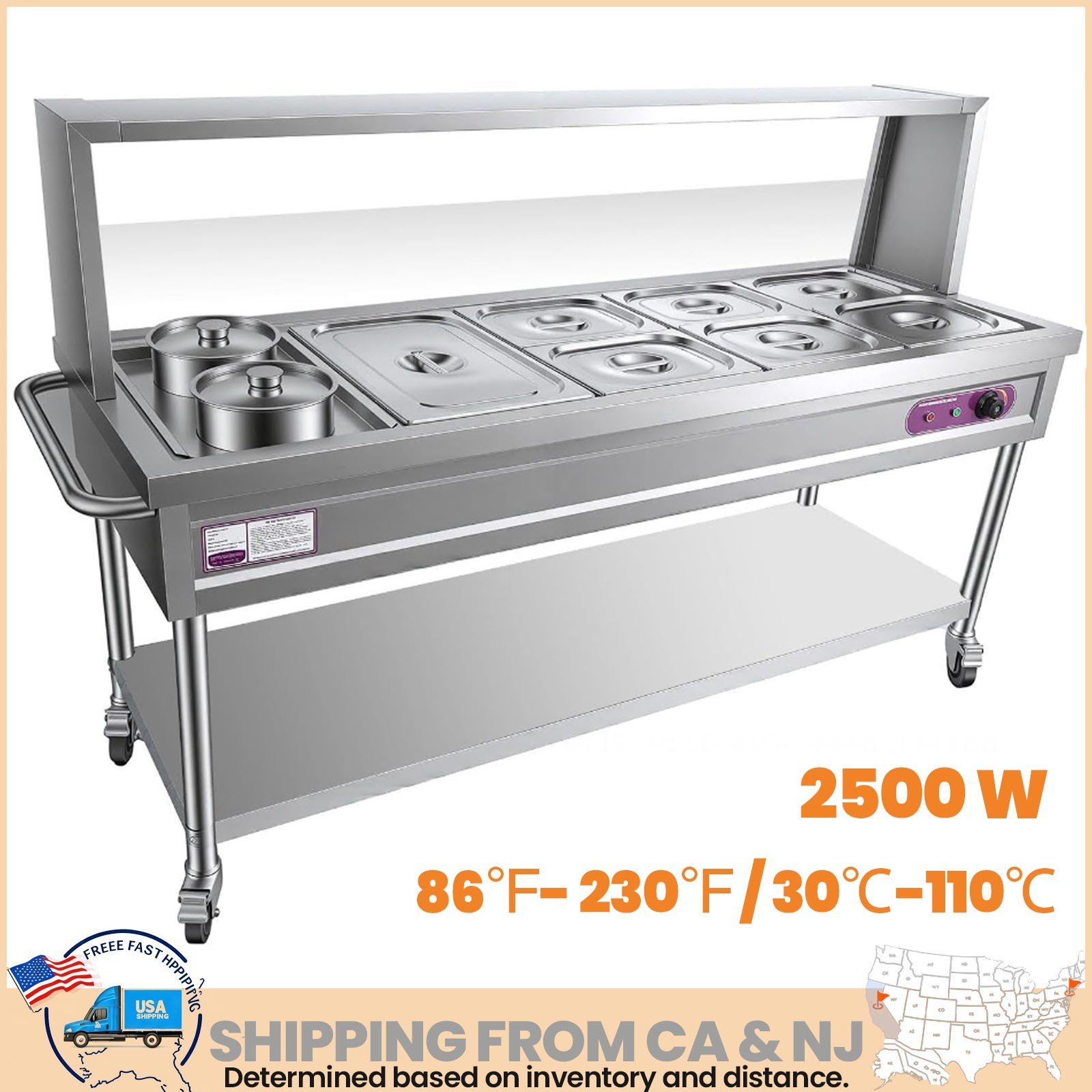2500W Commercial Food Warmer 7 Pans + 2 Pots Electric Steam Table 86℉- 230℉