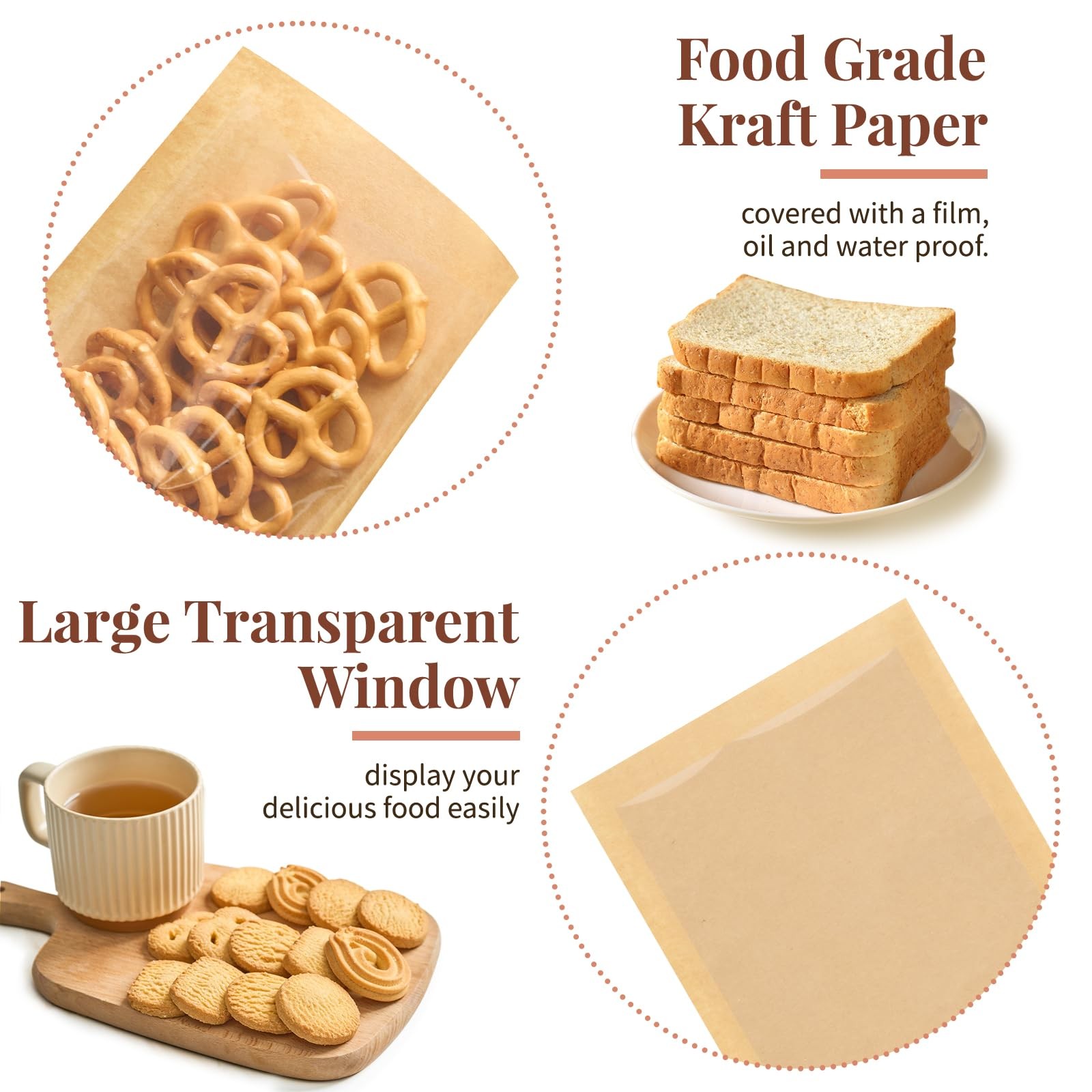 ZORRITA 100 Pack Heat-Sealable Cookie Bags with Window, Small, Brown – 100