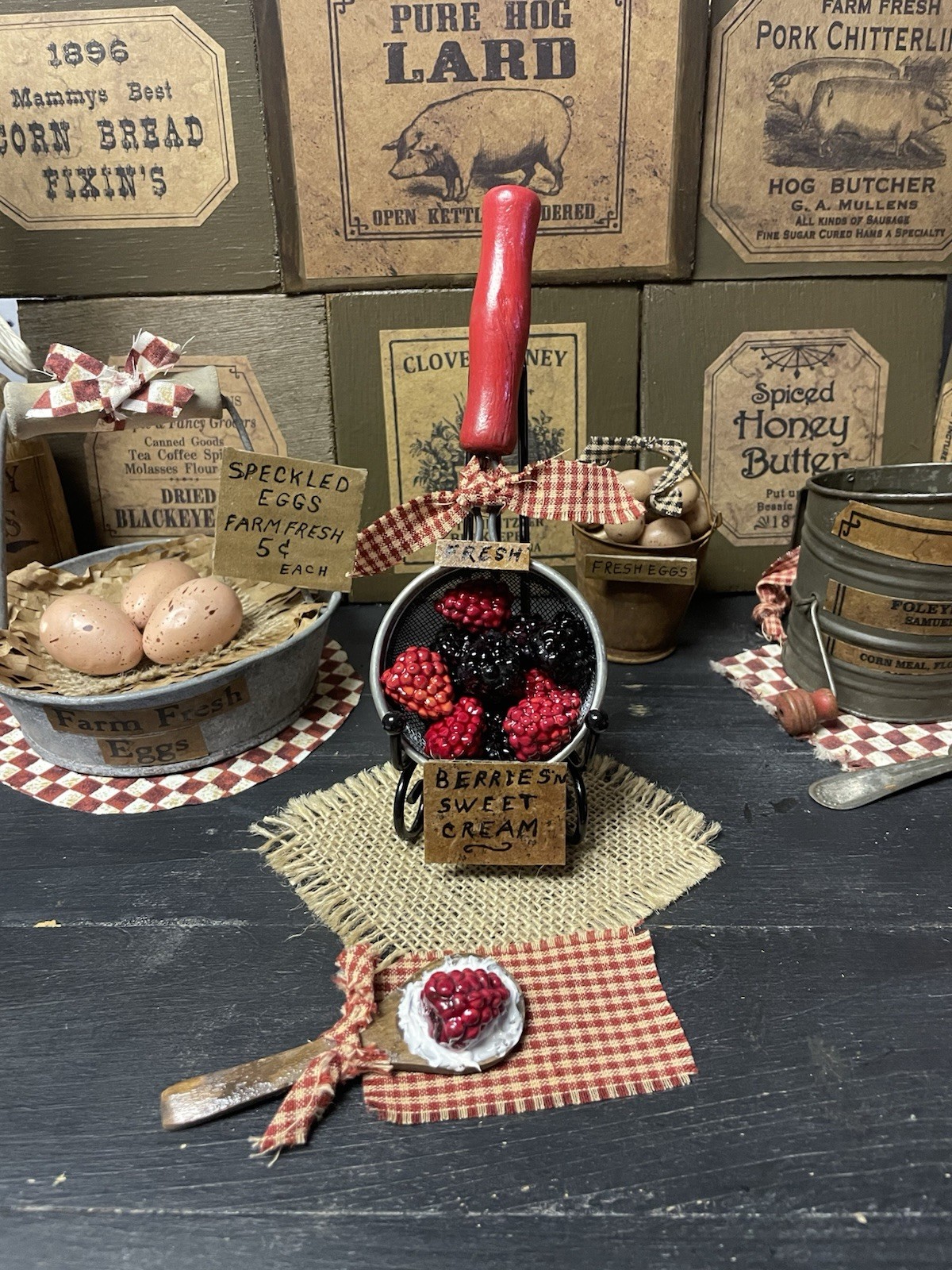 PRIMITIVE FARMHOUSE KITCHEN DECOR REPURPOSED SIFTER STRAINER BERRIES N CREAM