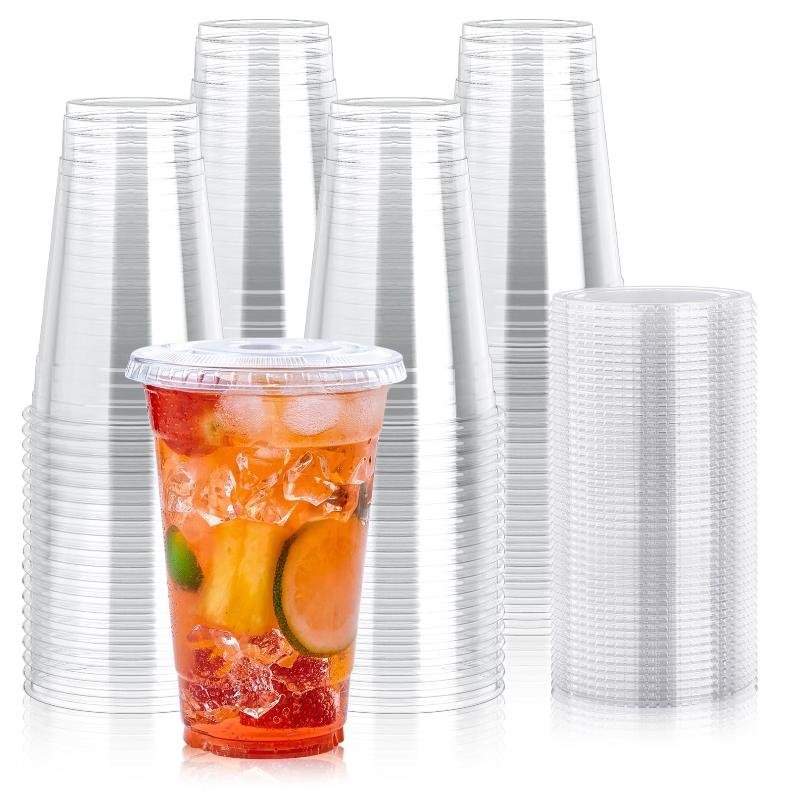 [90 Sets] 20 oz Clear Plastic Cups With Flat Lids, Disposable Drinking Cups, …