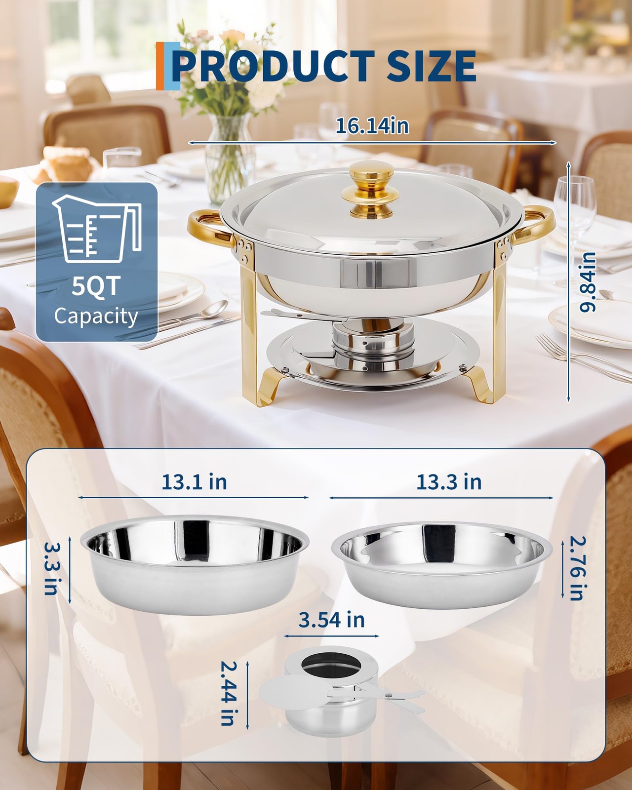 Buffet Chafing Set – 5QT Round Stainless Steel Food Warmers with Lids 2pc Dishes