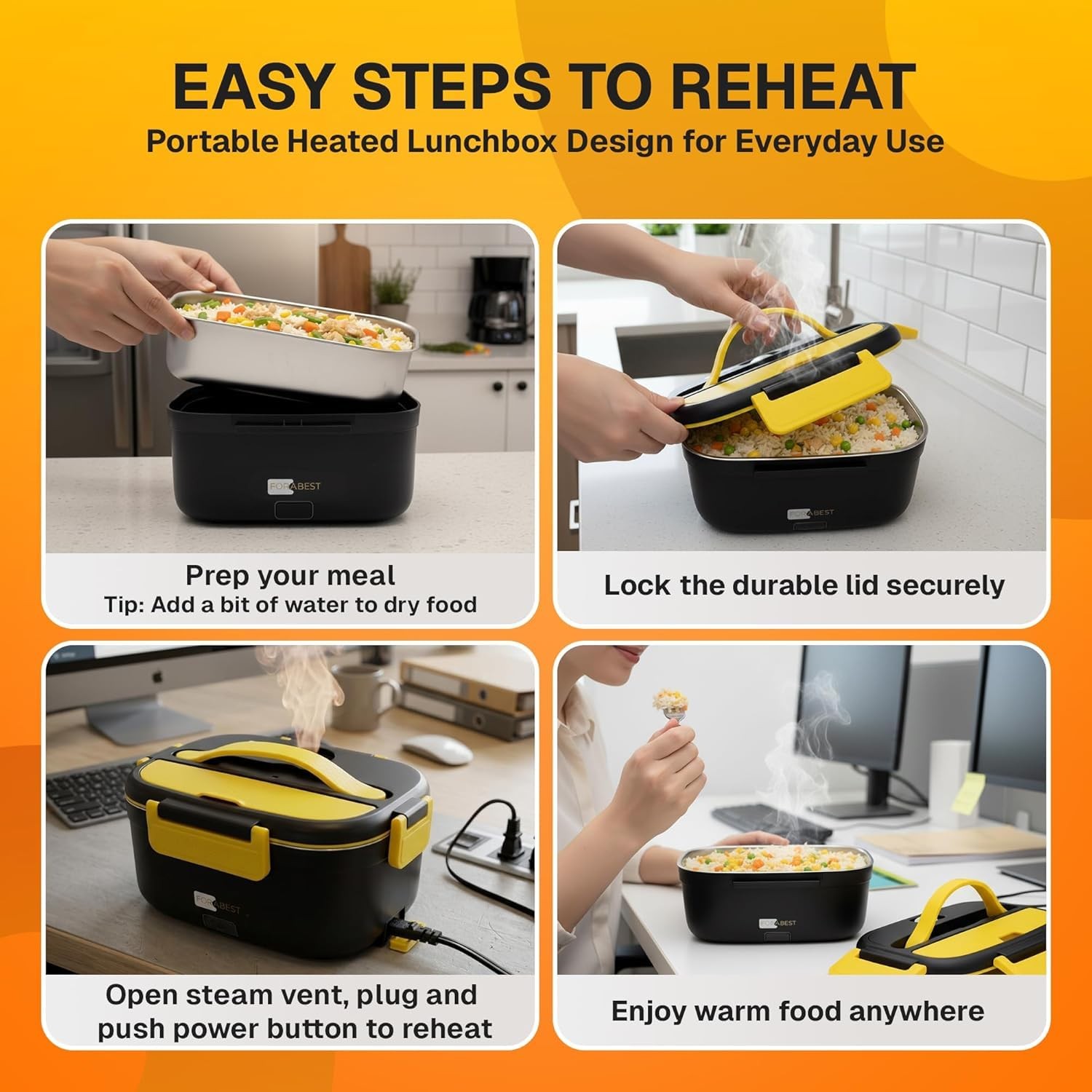 FORABEST Heated Lunch Box – 80W Electric – 1.5L, Black Yellow