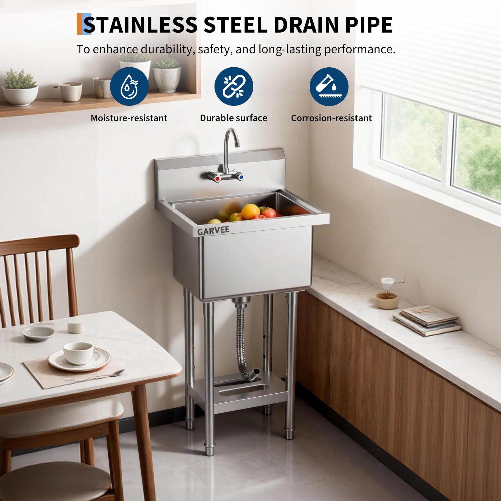 Stainless Steel Utility Sink ,Freestanding Commercial Single Bowl Kitchen Sink
