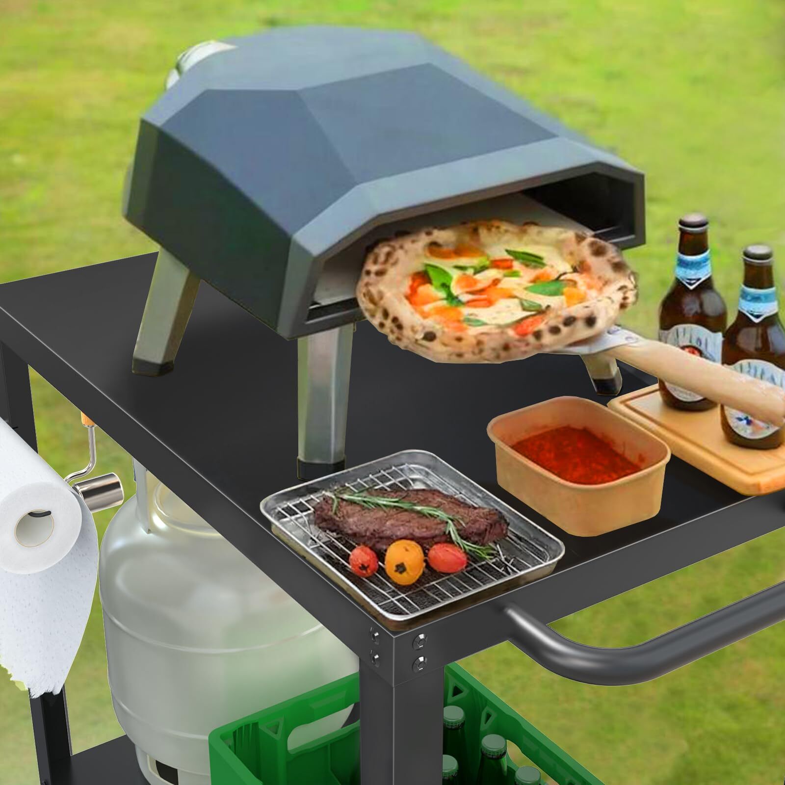 32x20IN Double-Shelves Grill Table, Outdoor Grill Cart, Movable Pizza Oven Table