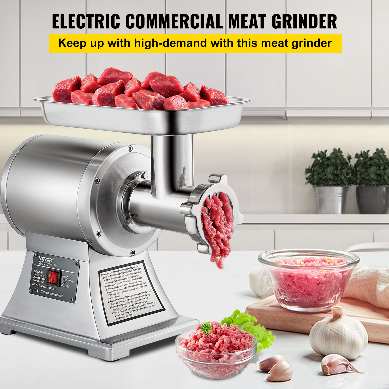 VEVOR 1.5HP Commercial Electric Meat Grinder 1100W Stainless 550lbs/h Heavy Duty