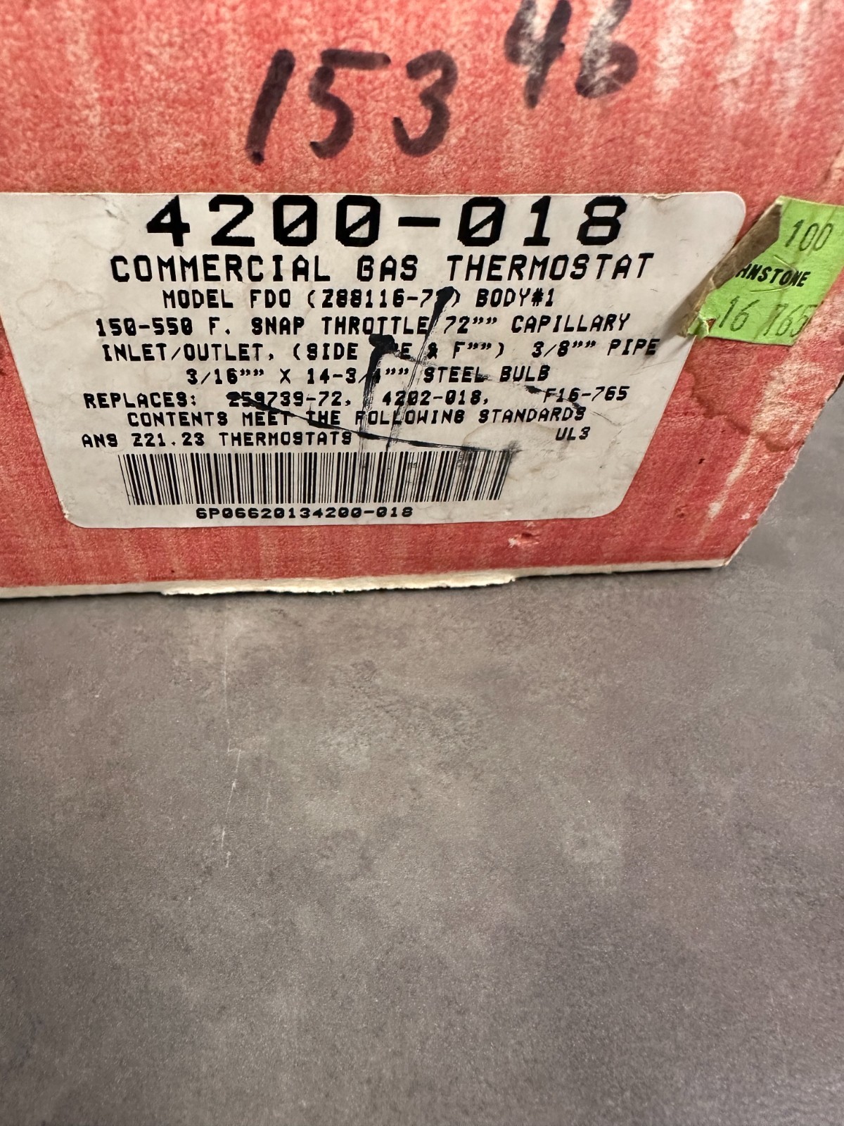 Robertshaw 4200-018 Gas Cooking Control, Tstat, 3/8In, 150-550, F16-765