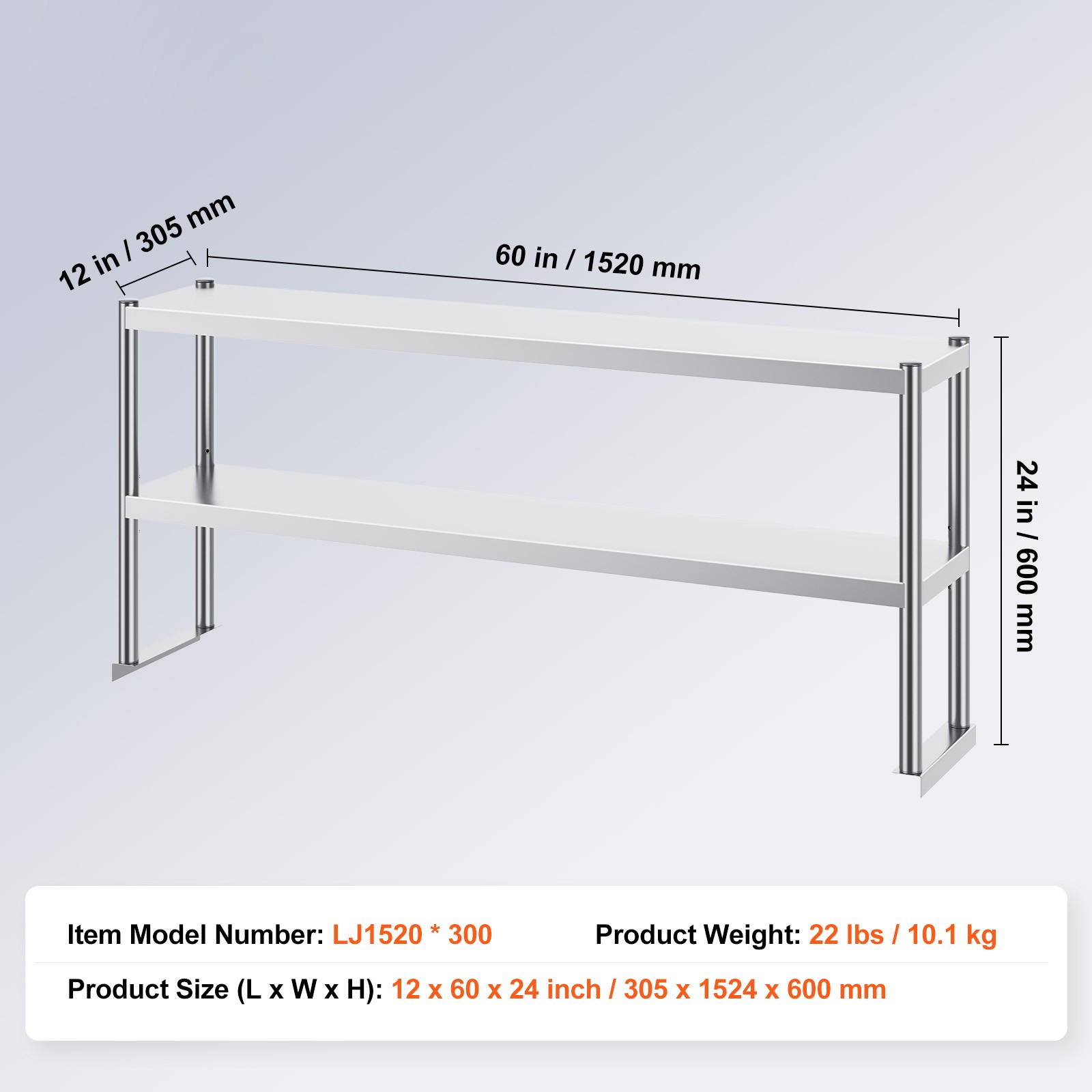 VEVOR Double Overshelf Stainless Steel Overshelf 12×60/48/72 in for Prep Table
