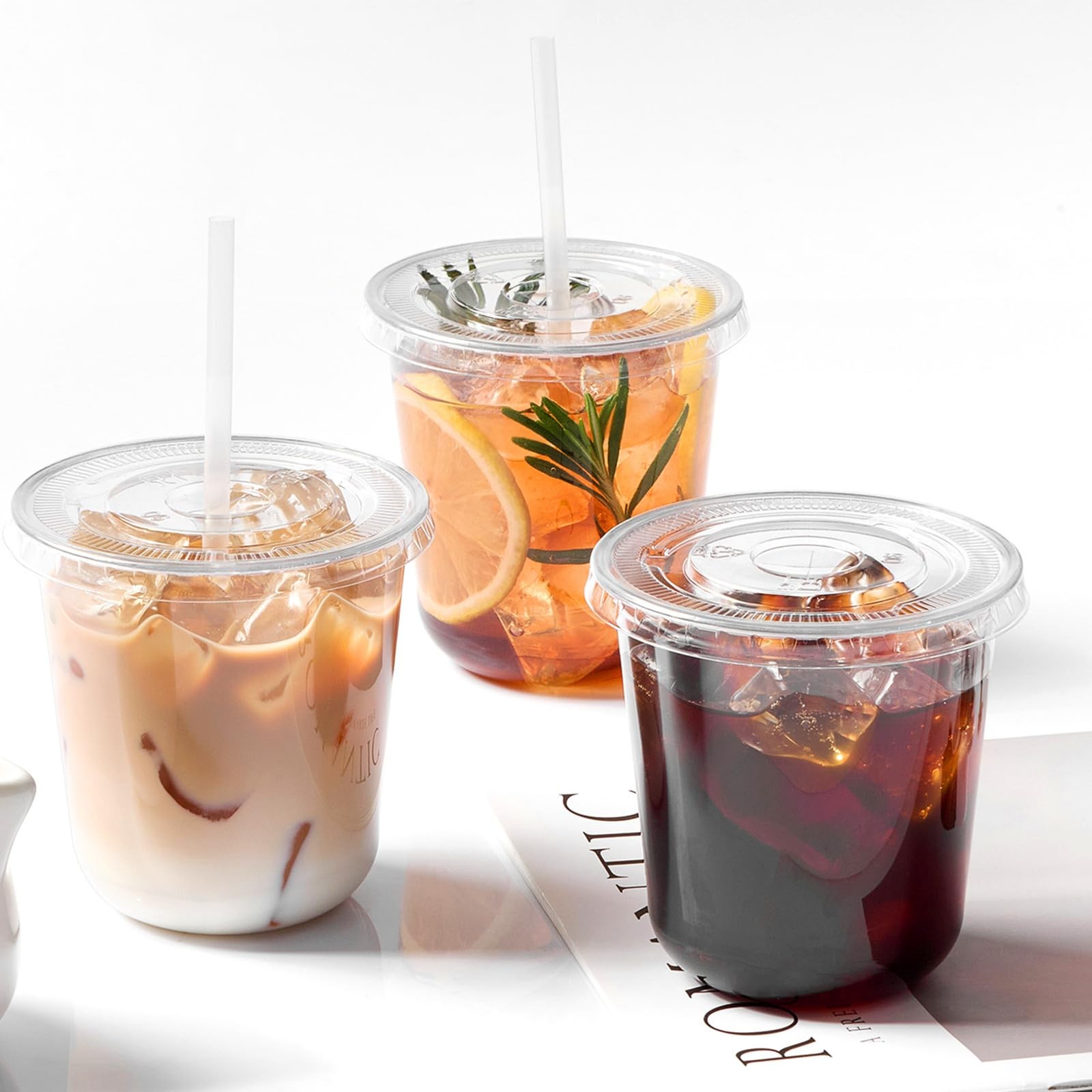 [100 Sets – 12oz Round Bottom Clear Plastic Cups with Lids and Straws, Dispos…