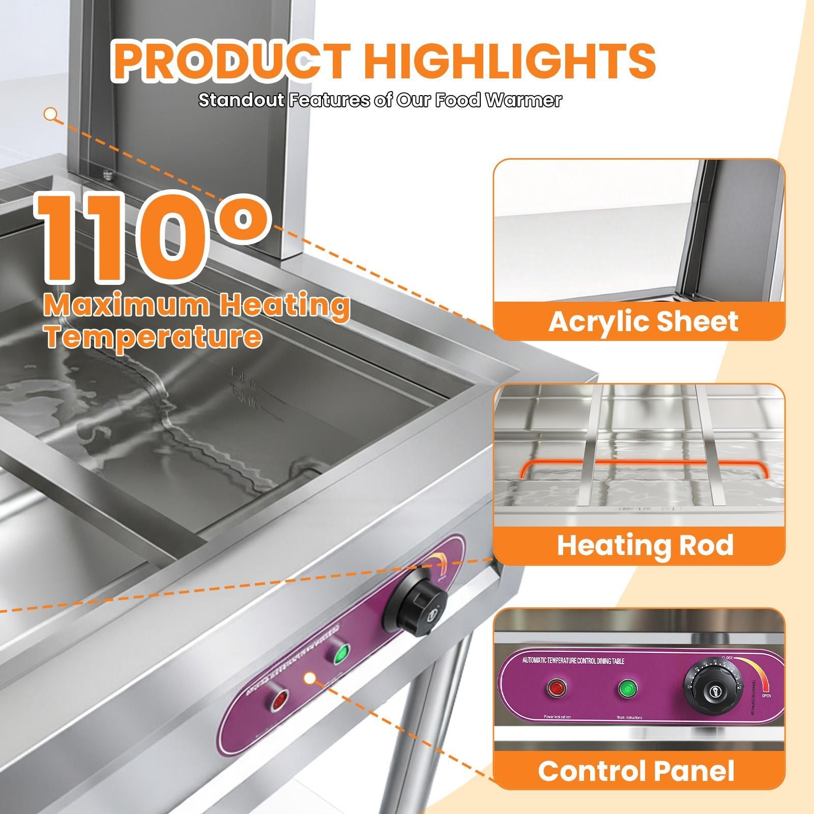 2500W Commercial Food Warmer 7 Pans + 2 Pots Electric Steam Table 86℉- 230℉