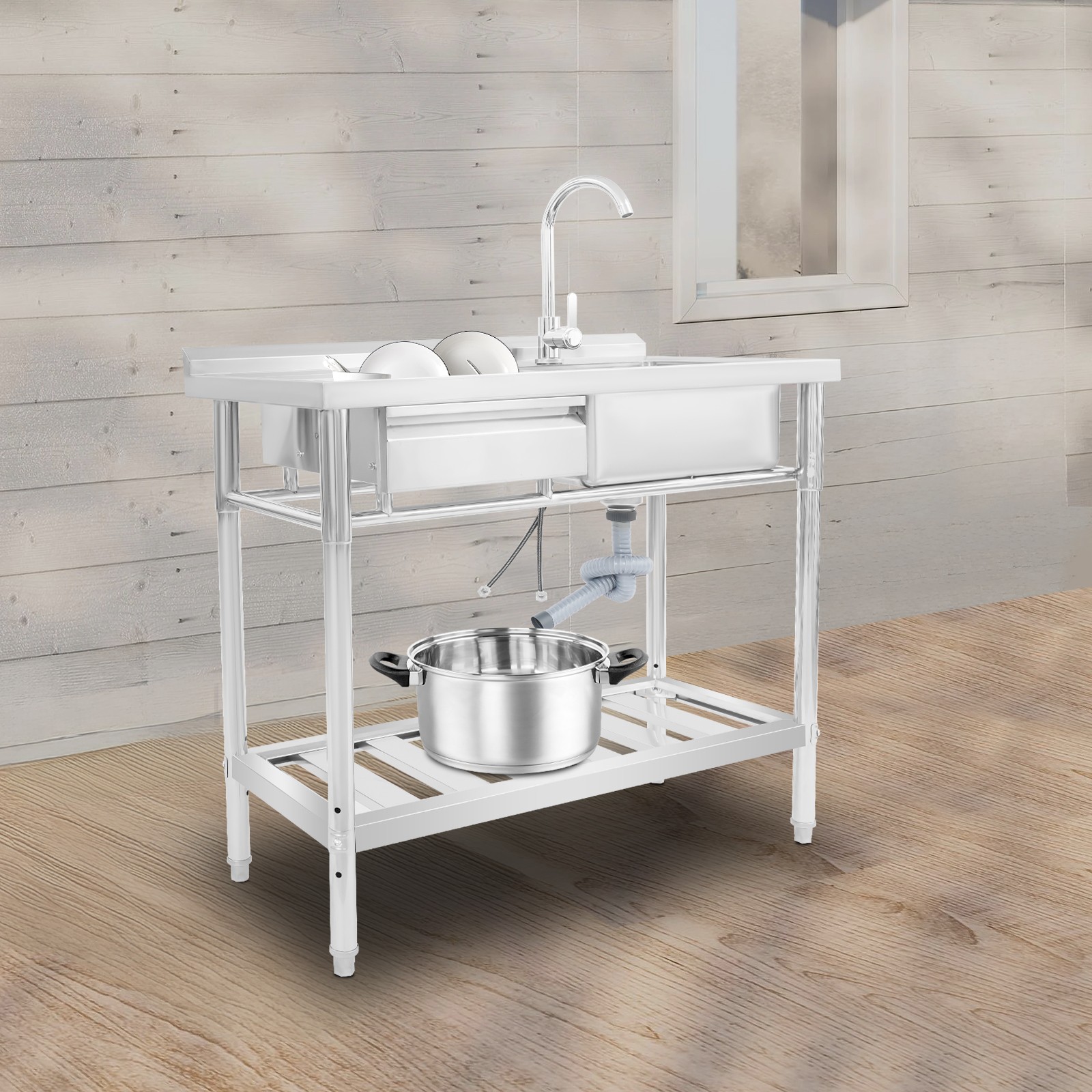 Kitchen Freestanding Stainless Steel Utility Sink w/ Cabinet Pull-Out Faucet