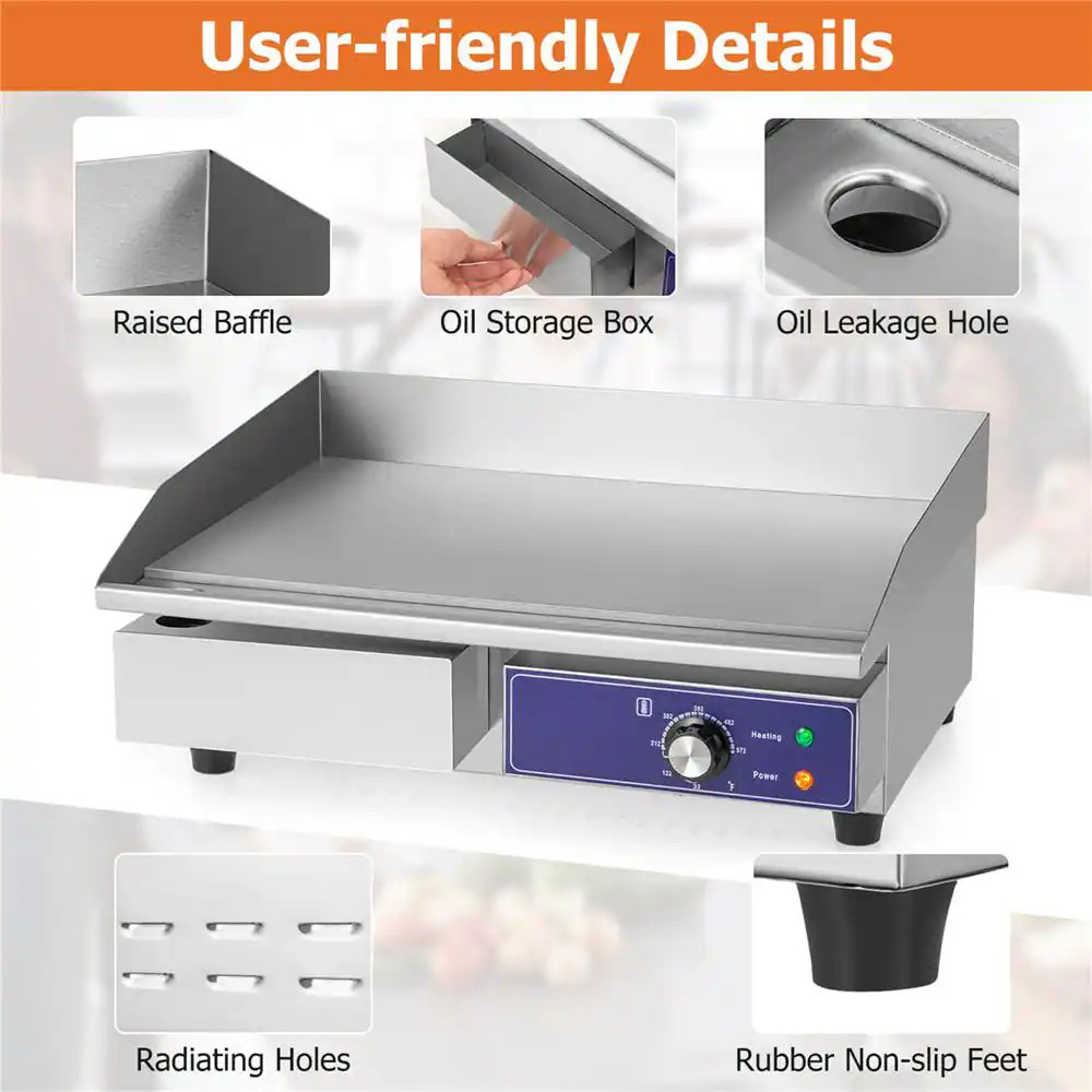 22 In. Commercial Electric Grill 110-Volt 2000-Watt Flat Top Countertop Grill 12