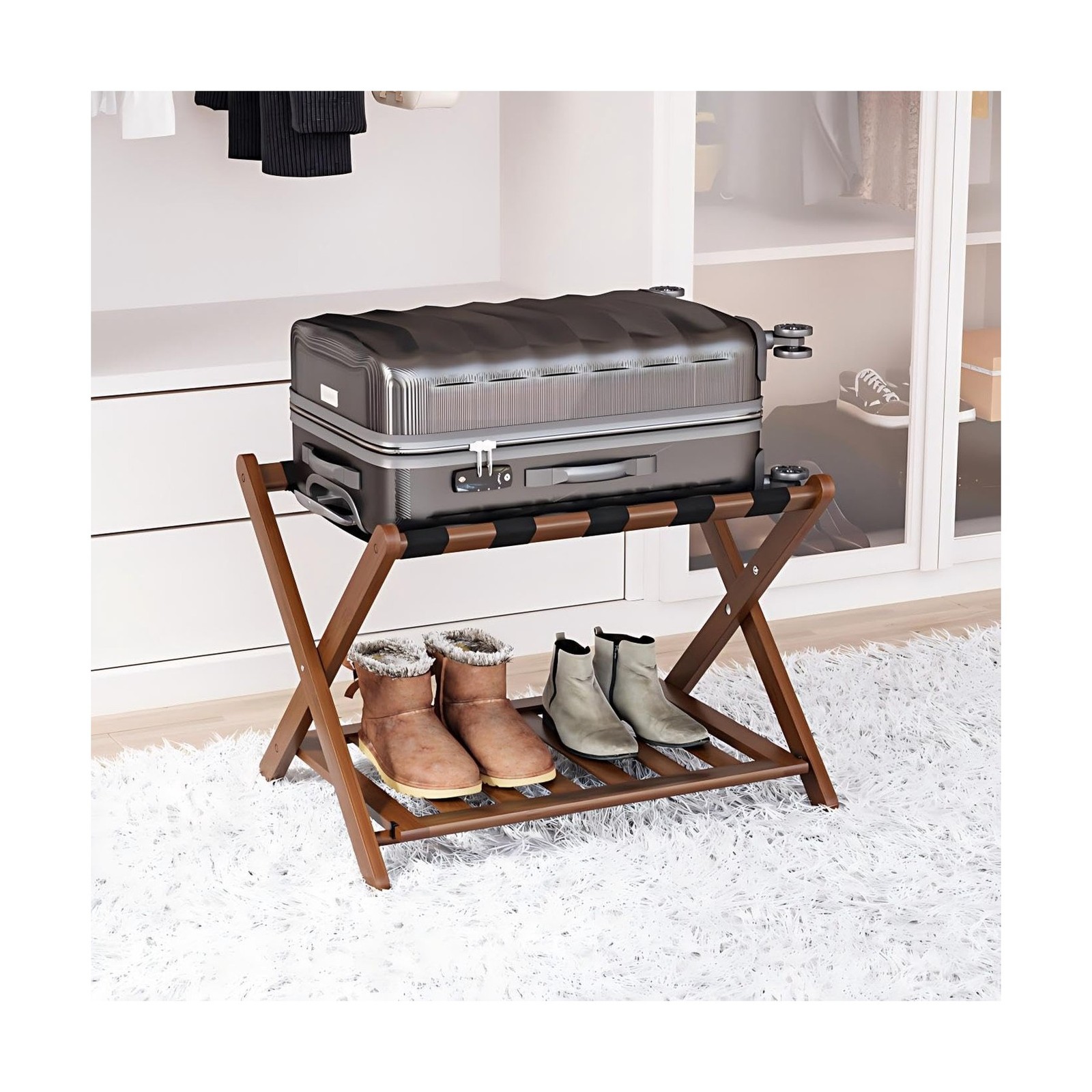 Smart FENDEE Bamboo Luggage Rack Fully Assembled, Walnut Folding Suitcase Sta…