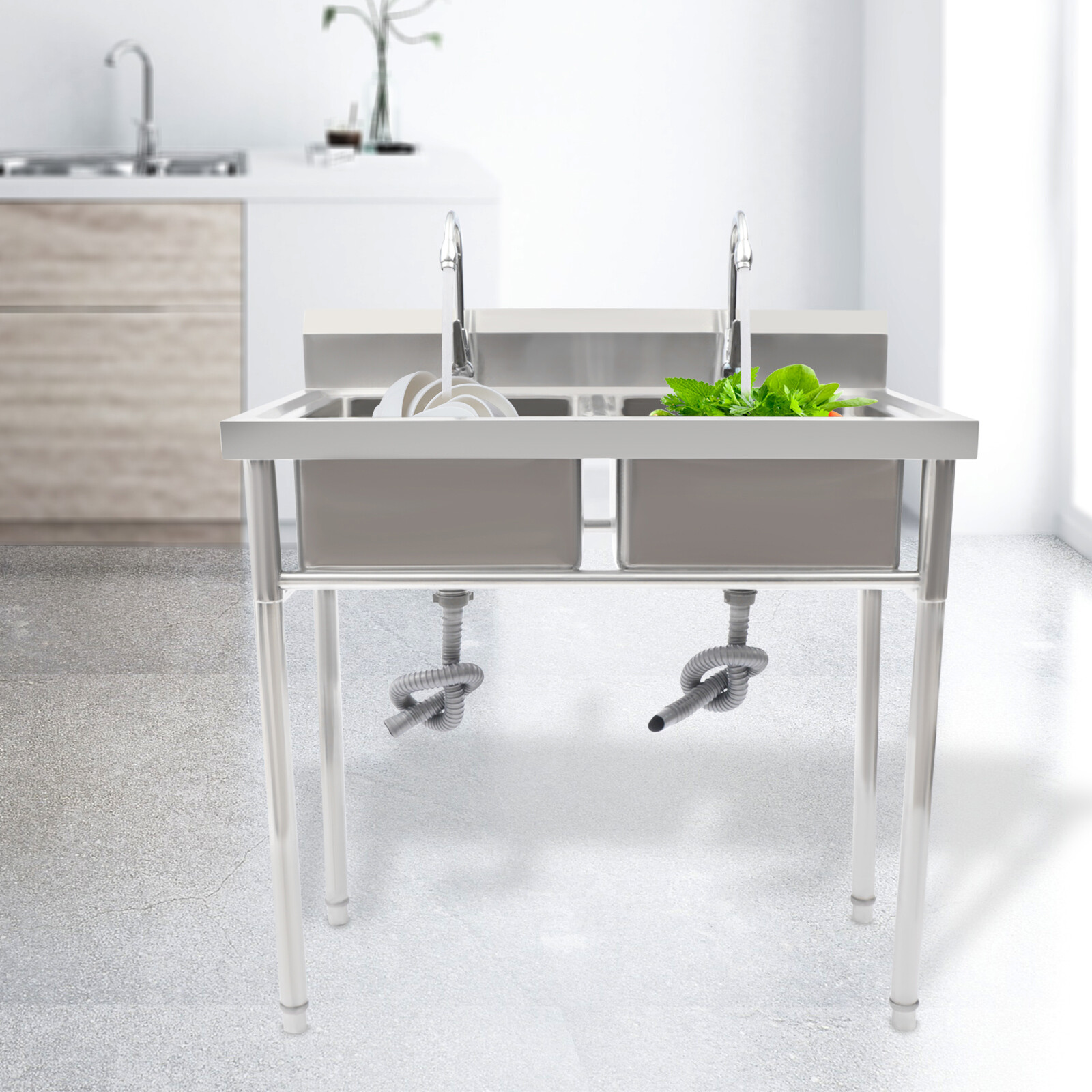 2 Compartment Commercial Sink w/ Double Faucet Restaurant Sink,Free Standing