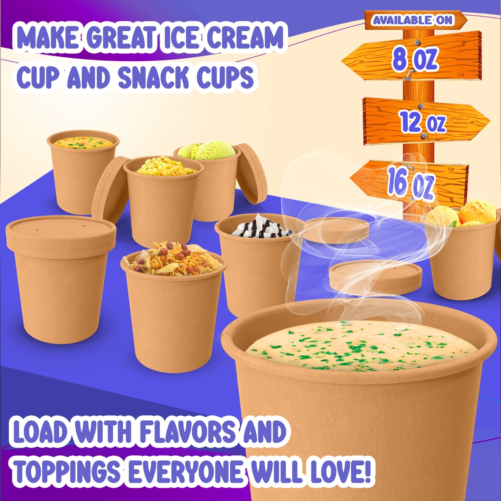 MT Products 12 oz Kraft Paper Soup Cups with Plastic Lids – 20 Cups and Lids