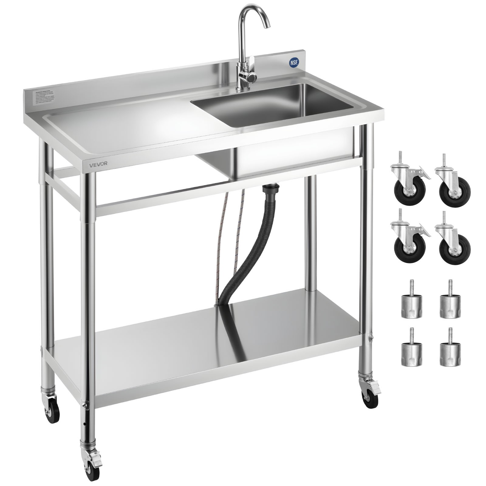 VEVOR Stainless Steel Utility Sink with Wheels Single Bowl 39.4 x 19.7 x 41.5 in