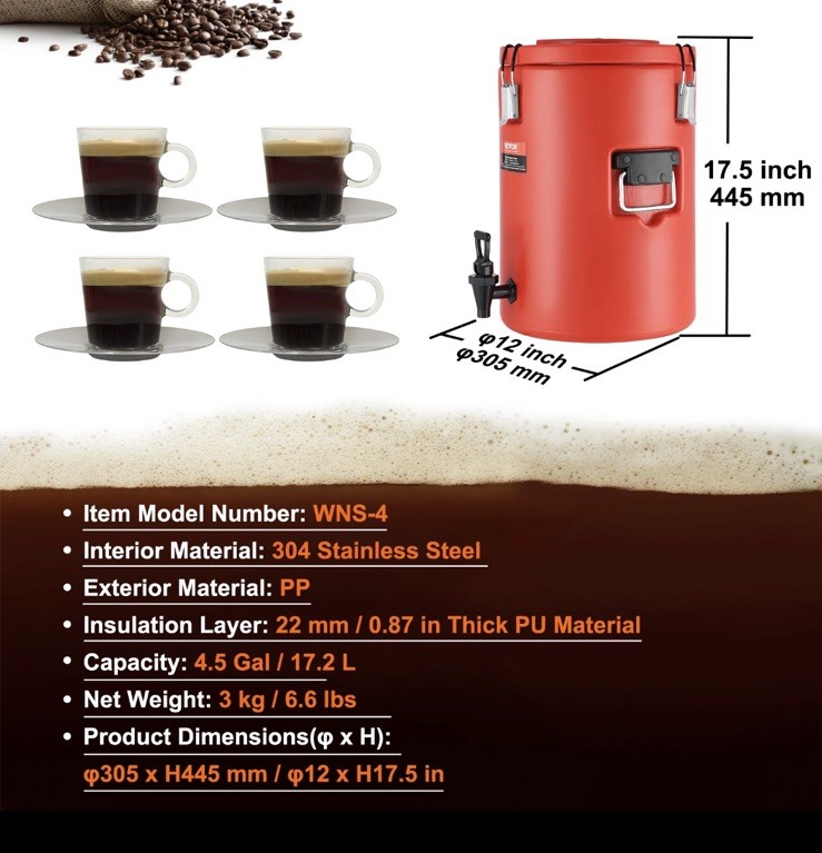VEVOR Insulated Hot and Cold Beverage Dispenser Server 4.5Gallon Stainless Steel