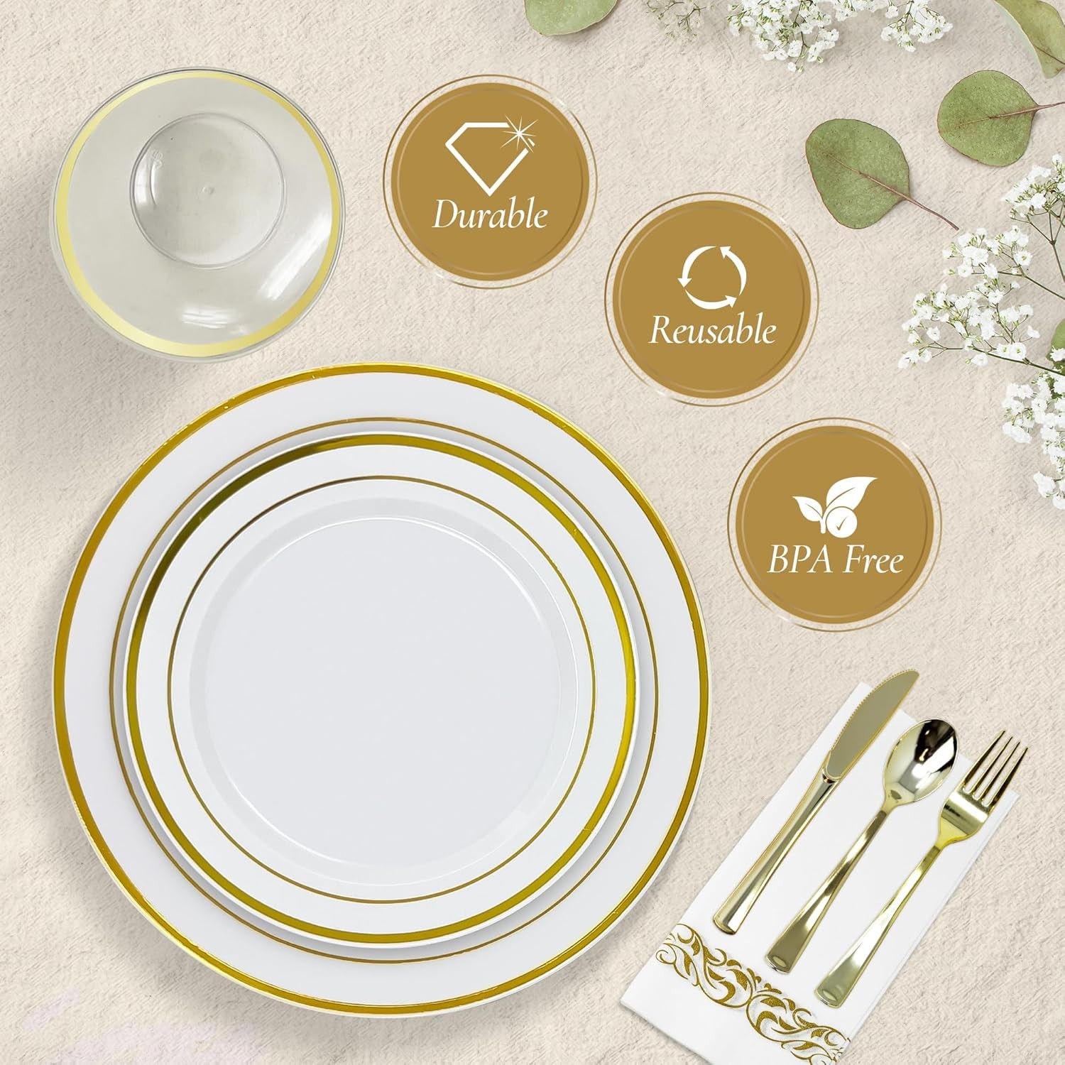 Plastic Plates for Party | 210 Pieces | White w/Gold Rim | Plates and Napkins