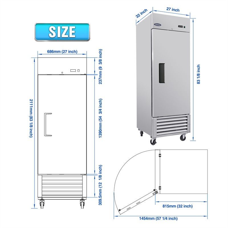 27″W Commercial Reach-In Upright Freezer 23 Cu.ft Automatic defrost Low Noise