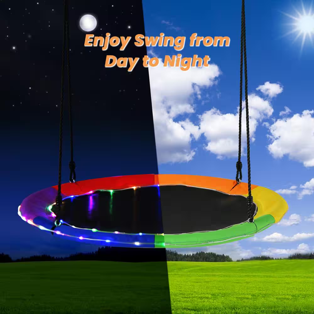 40 In. Saucer Tree Swing 660 Lbs. for Kids Adults Outdoor with LED Lights Rainbo