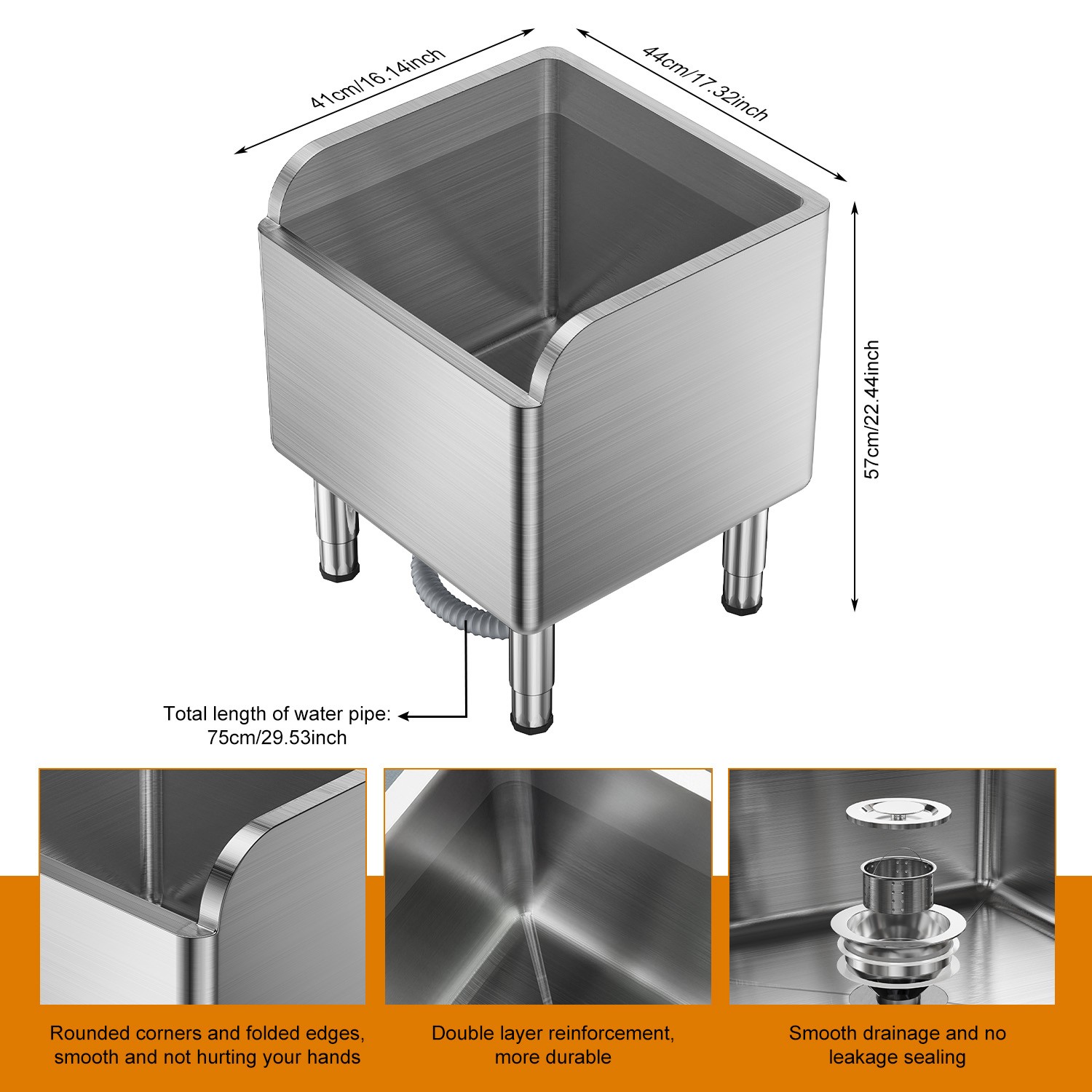 Commercial Stainless Steel Mop Sink Slop Service Basin for Kitchen 45x41x55cm