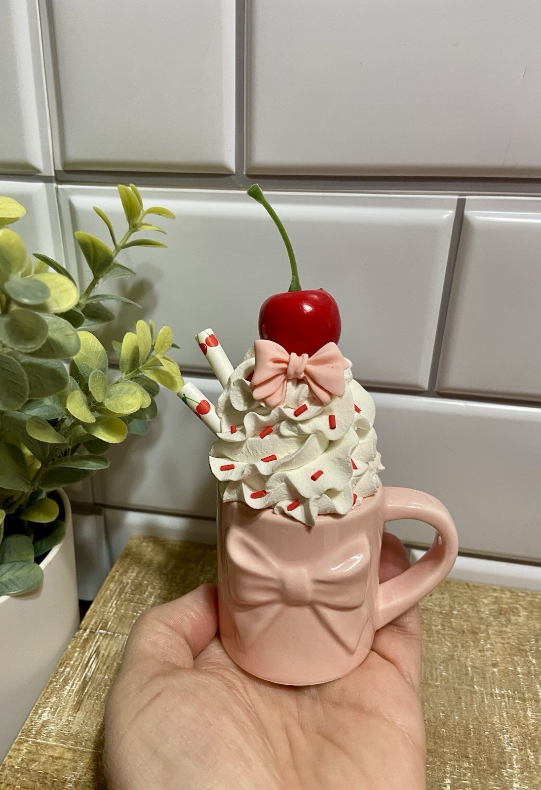 Cute PINK Mini Ceramic Mug Faux Fake Whipped Cream Tiered Tray Decor HANDMADE