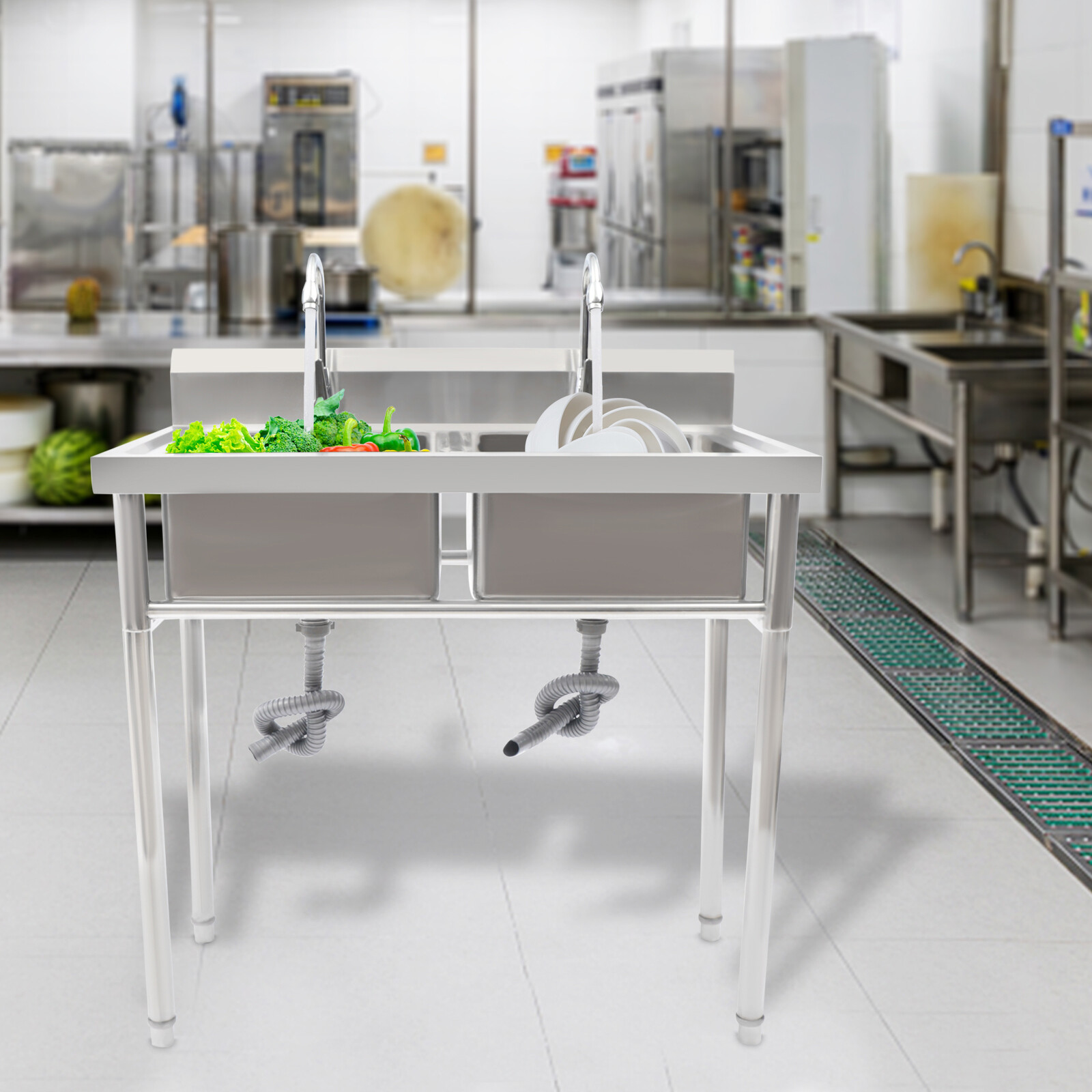 2 Compartment Commercial Sink w/ Double Faucet Restaurant Sink,Free Standing