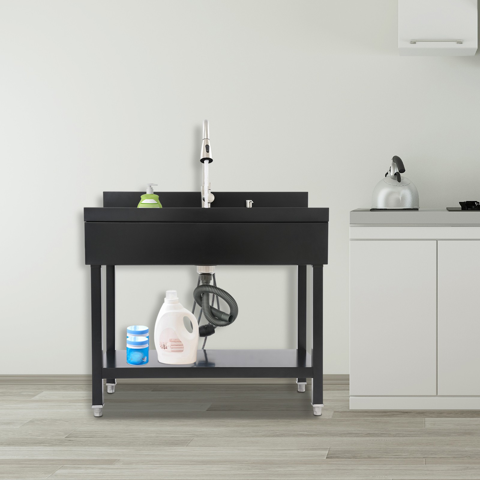 Black Freestanding Stainless Steel Utility Sink with pull-out faucet Faucet New