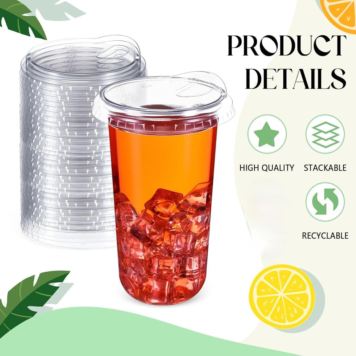 50 Pcs Clear Strawless Plastic Lids Fits for 12, 16, 20 and 24 Oz Cups Disposab