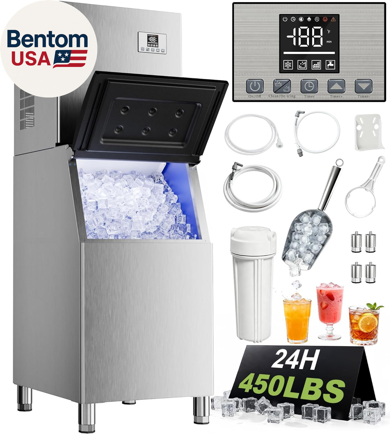 Commercial Ice Maker Machine 450Lbs/24H with 250Lbs Storage, Self-Cleaning Mode,