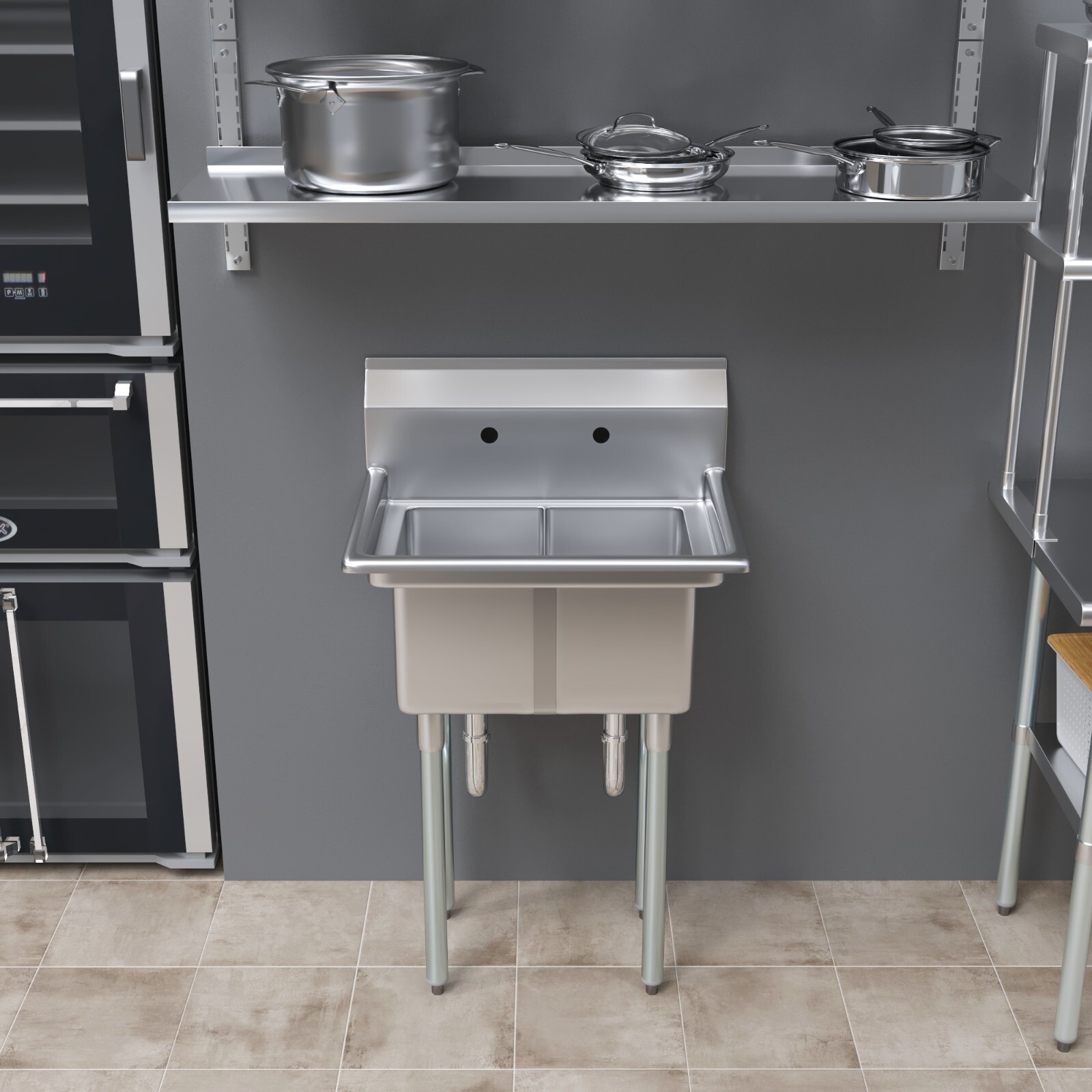 20 in. x 26 in. Stainless Steel Two Compartment Sink. 10 in x 14 in x 10in Bowls