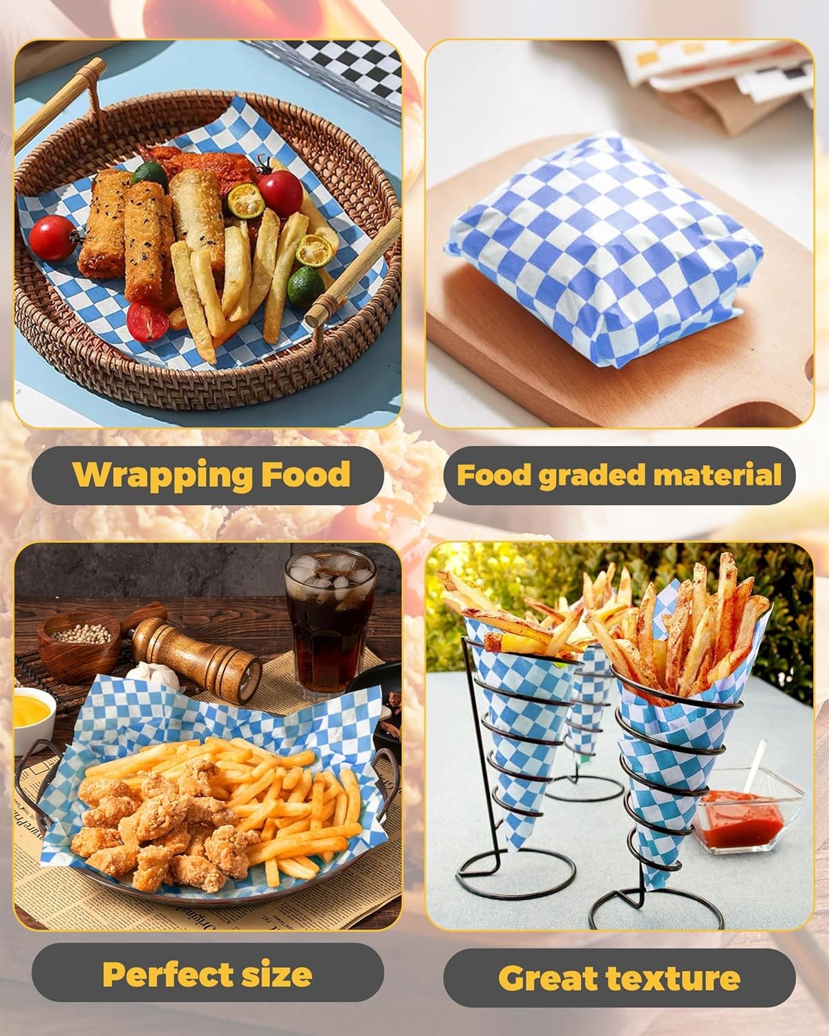 Deli Paper Sheets 12×12″ Blue Checkered Sandwich Wrapping Paper Party 100 Sheets