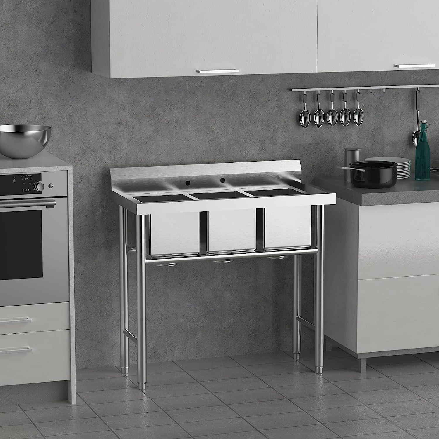 Heavy-duty 304 Stainless Steel Sink 3 Compartment Free Standing Utility Sink NEW