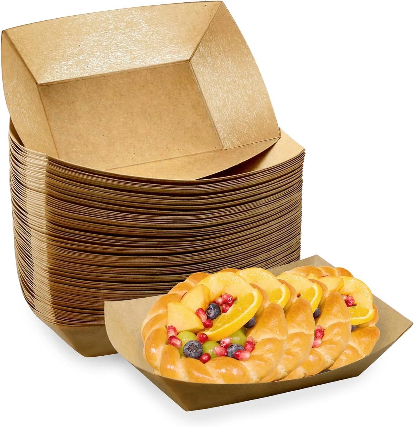 100 Pack 3 lb Heavy Duty Paper Food Trays – Disposable Kraft Brown Paper Boats