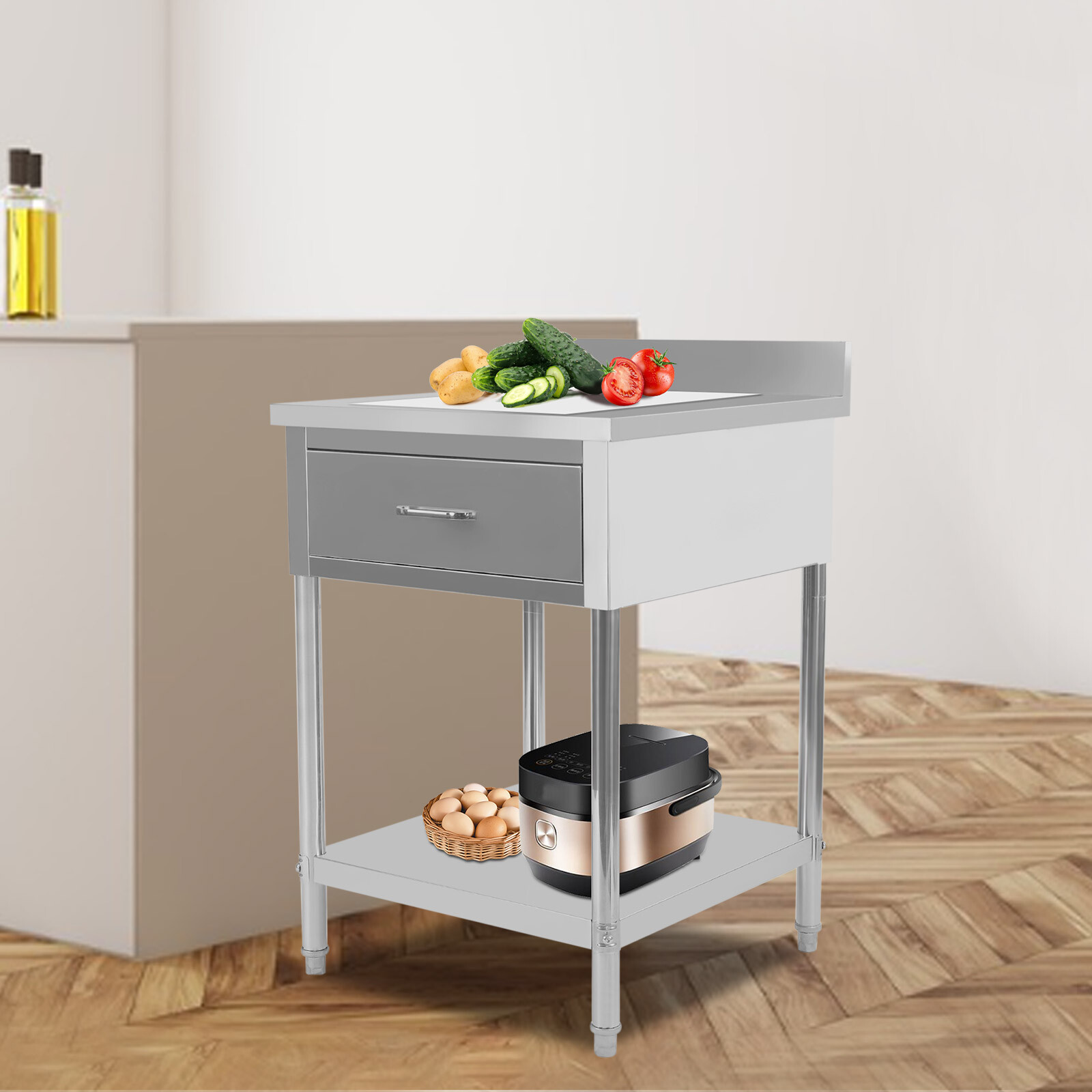 2 Layers Stainless Steel 24″x24″ Kitchen Work Table Food Prep Table With Drawer
