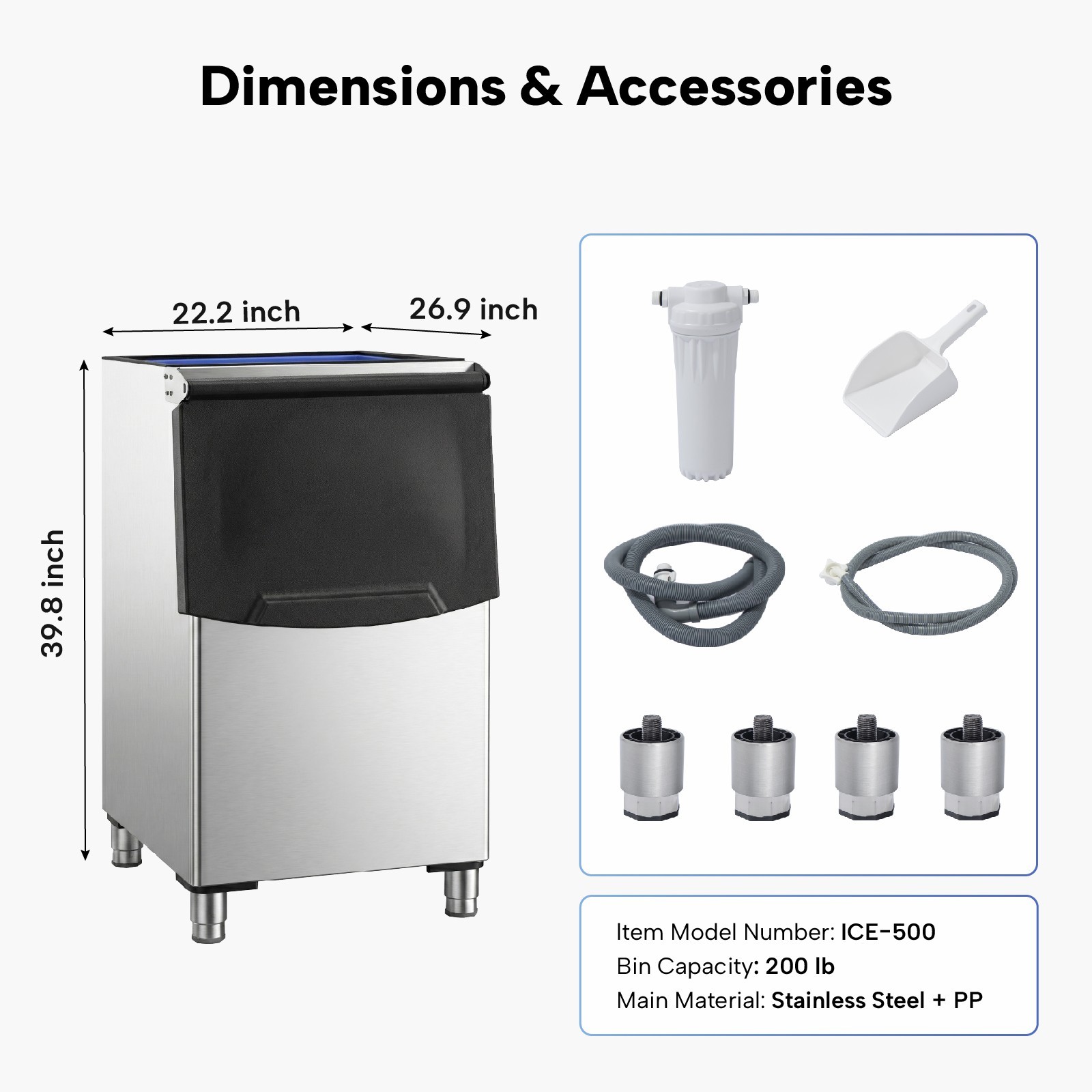 ICECASA 200lb Commercial Ice Storage Bin Stainless Steel Holder for Modular Head