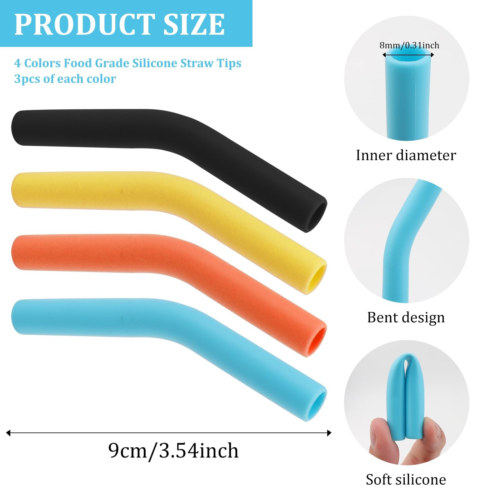 12PCS Silicone Straw Tips Multicolor small, black, orange, blue, yellow