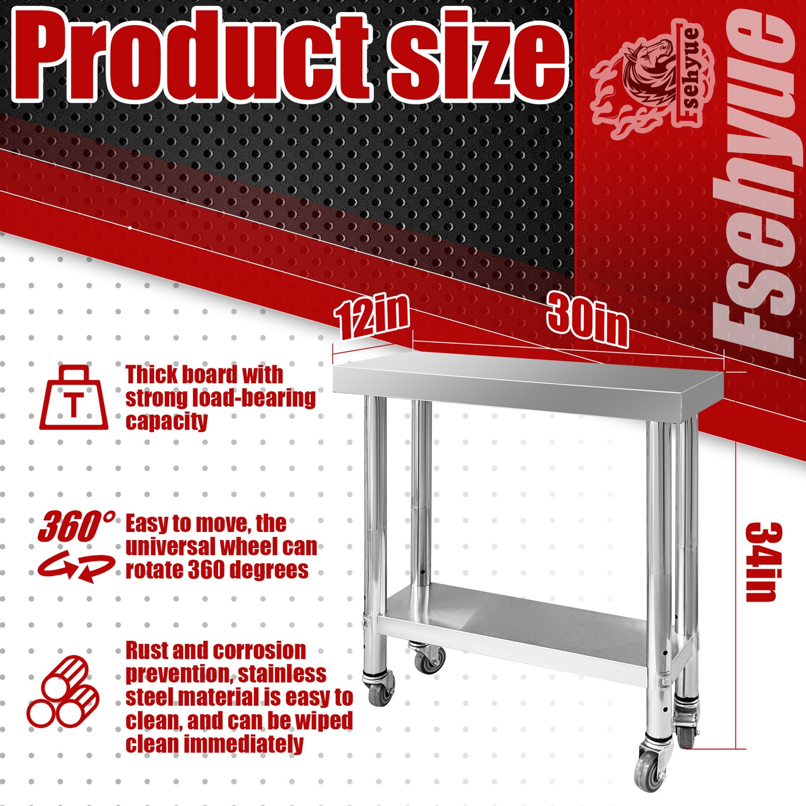 Stainless Steel Work Table 700 LBS Load Capacity with 4 Wheels 30 x 12 x 34 Inch
