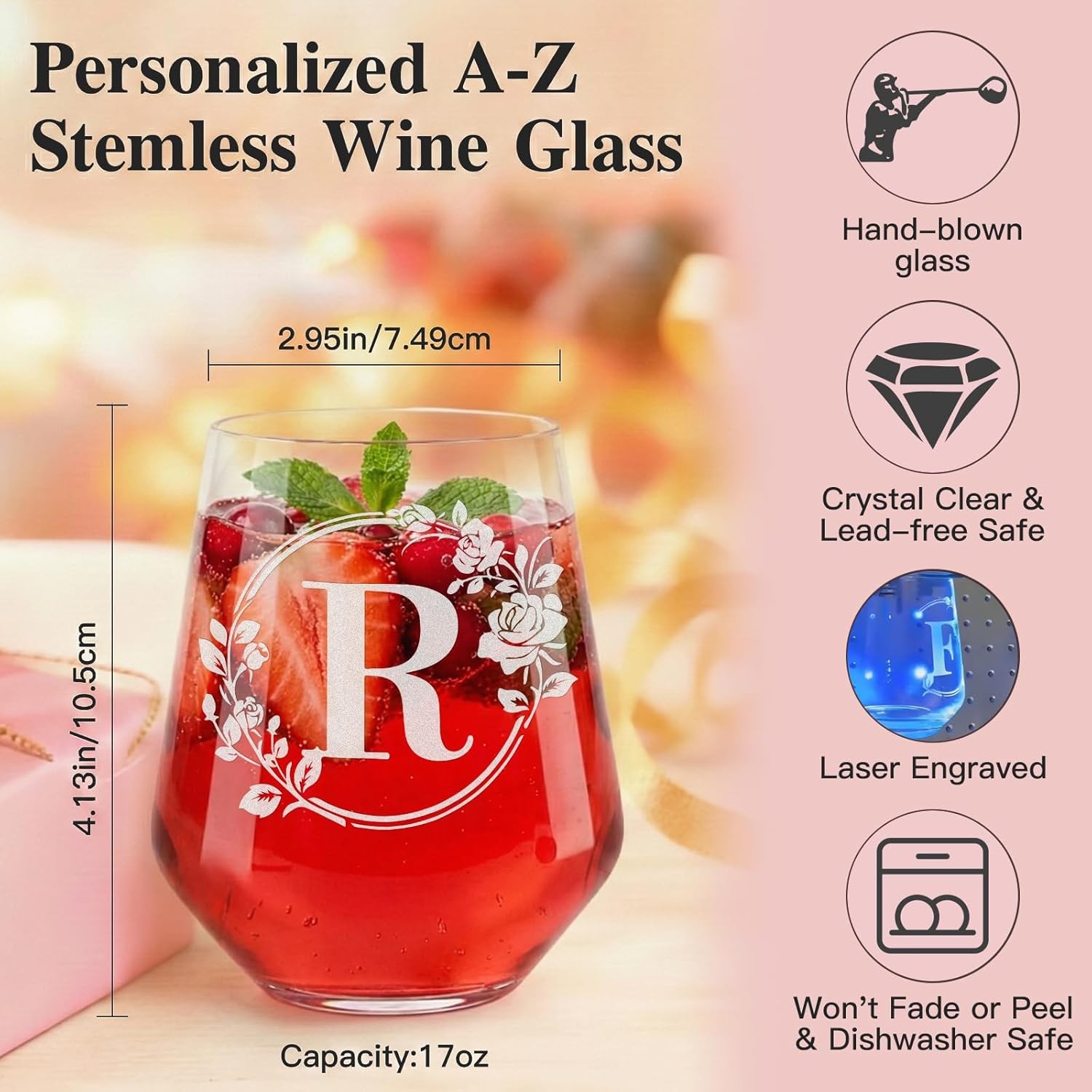 Personalized Stemless Wine Glass – Custom Engraved Monogrammed Initial