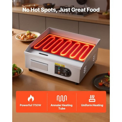 Commercial Electric Griddle, 17.72 x 11.81 inch, 1750W, 122-570°F Adjustable Te