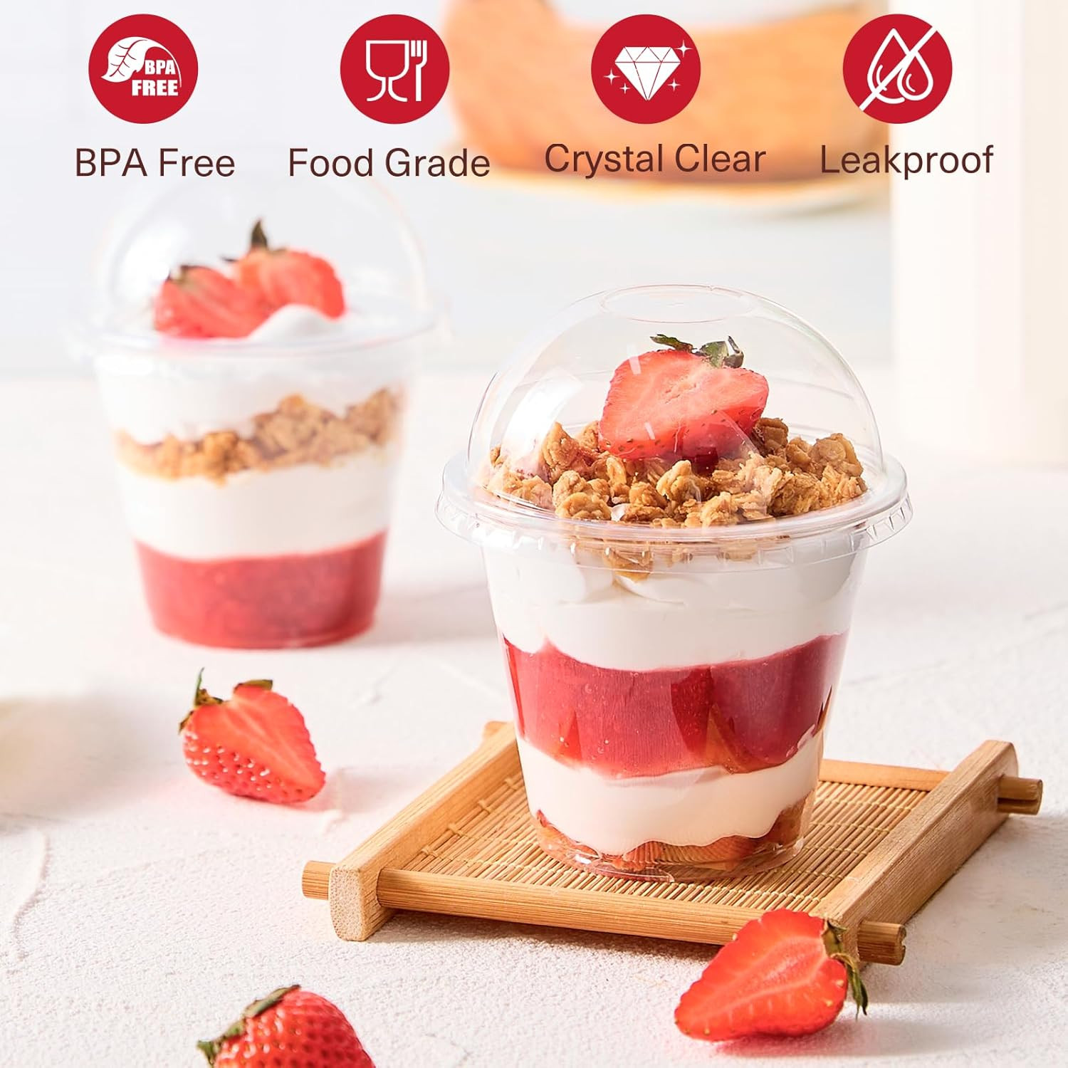 50 Pack 9 Oz Clear Plastic Dessert Cups with Dome Lids No Hole, Small Parfait Cu