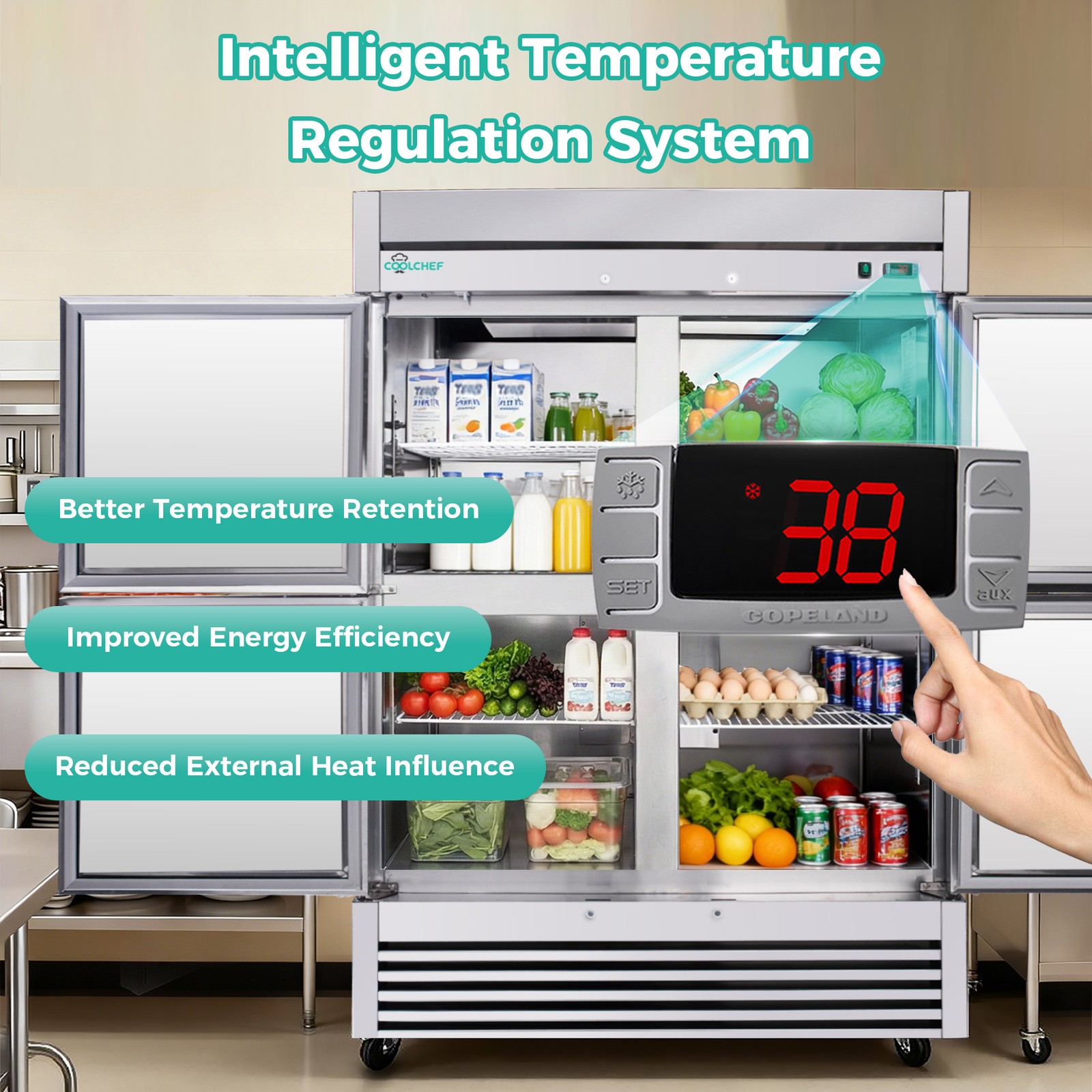 54″ Commercial Refrigerator 49 Cu.Ft 4-Door 32–37℉ Air Cooling 6 Shelves, R290