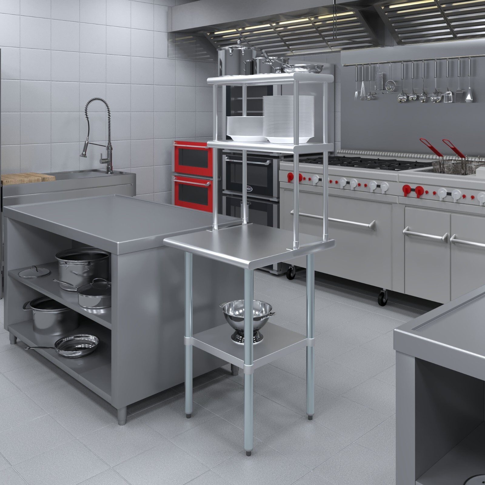 24 in. x 24 in. Stainless Steel Work Table & 12 in. Wide Double Tier Overshelf